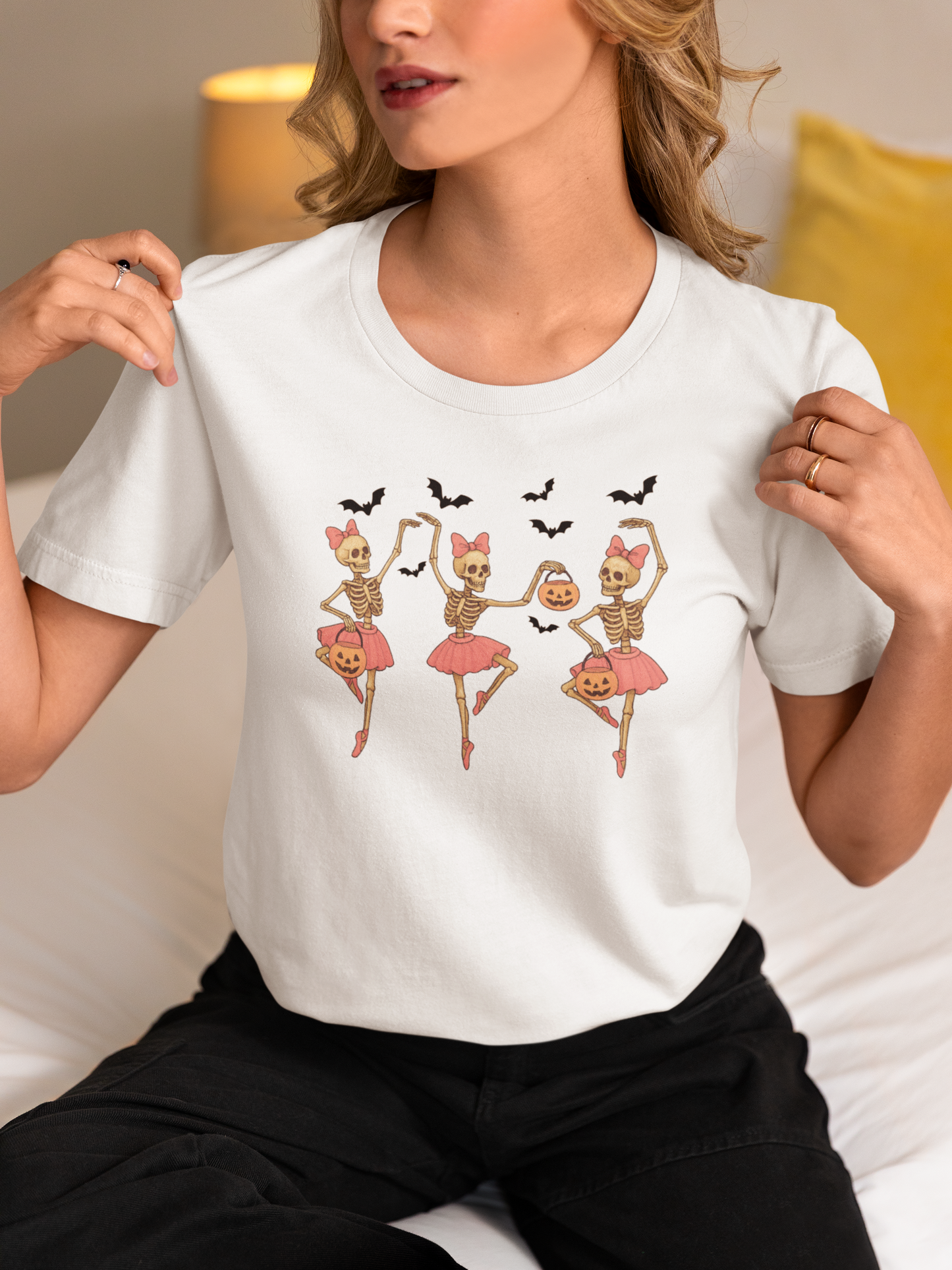 White Halloween Skeleton Ballerina T Shirt with spooky ballerina design