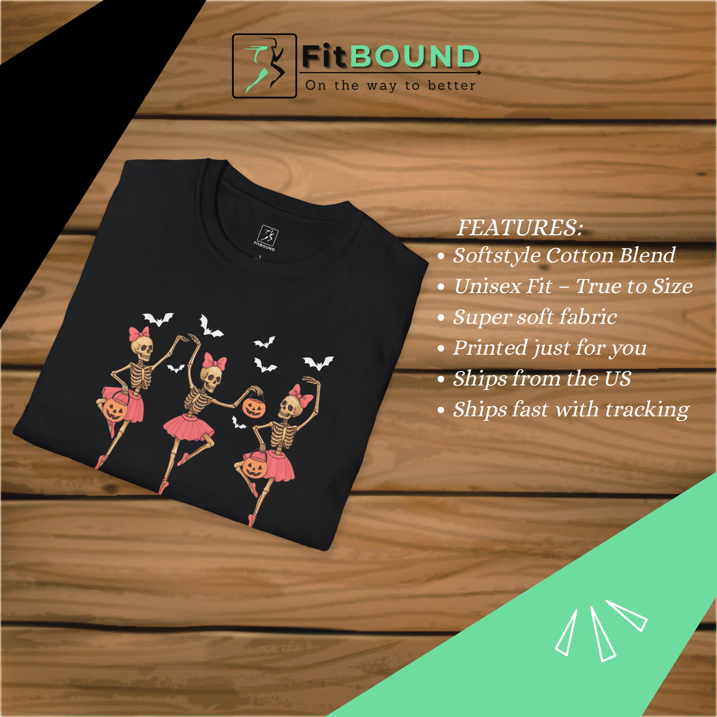 Black Halloween Skeleton Ballerina T Shirt with skeleton dancers and pumpkins
