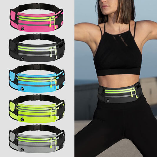 Pink and black waterproof running waist bag with double zippers – compact and reflective for fitness and walking
