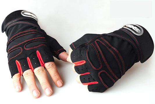 Pair of black and red half finger gym gloves with elastic wrist support – breathable design for lifting and workouts