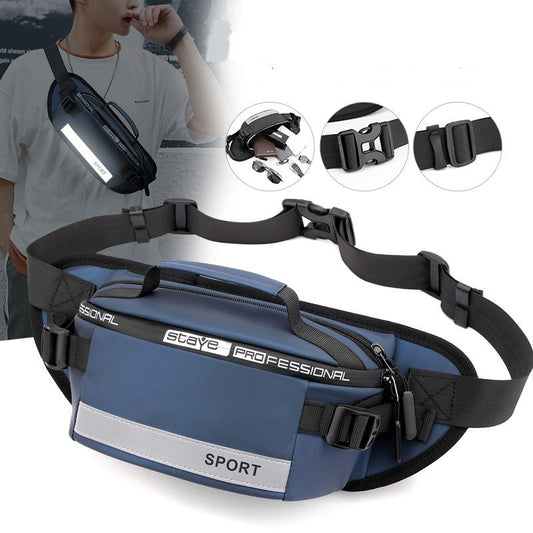 Man wearing reflective running waist bag crossbody – waterproof fanny pack ideal for jogging and travel