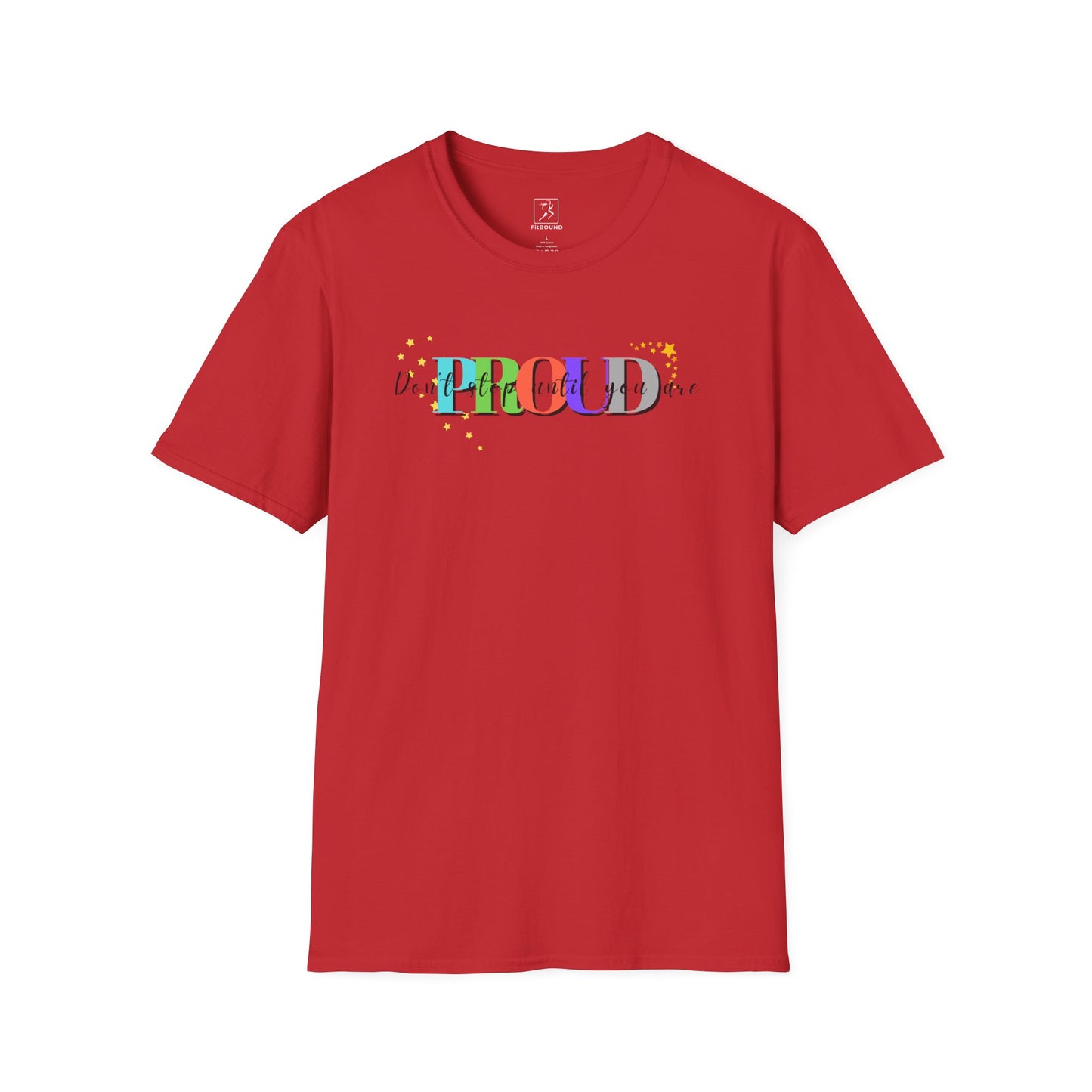 Red motivational fitness t-shirt with "Train Until You're Proud" quote – bold style for training or lifestyle
