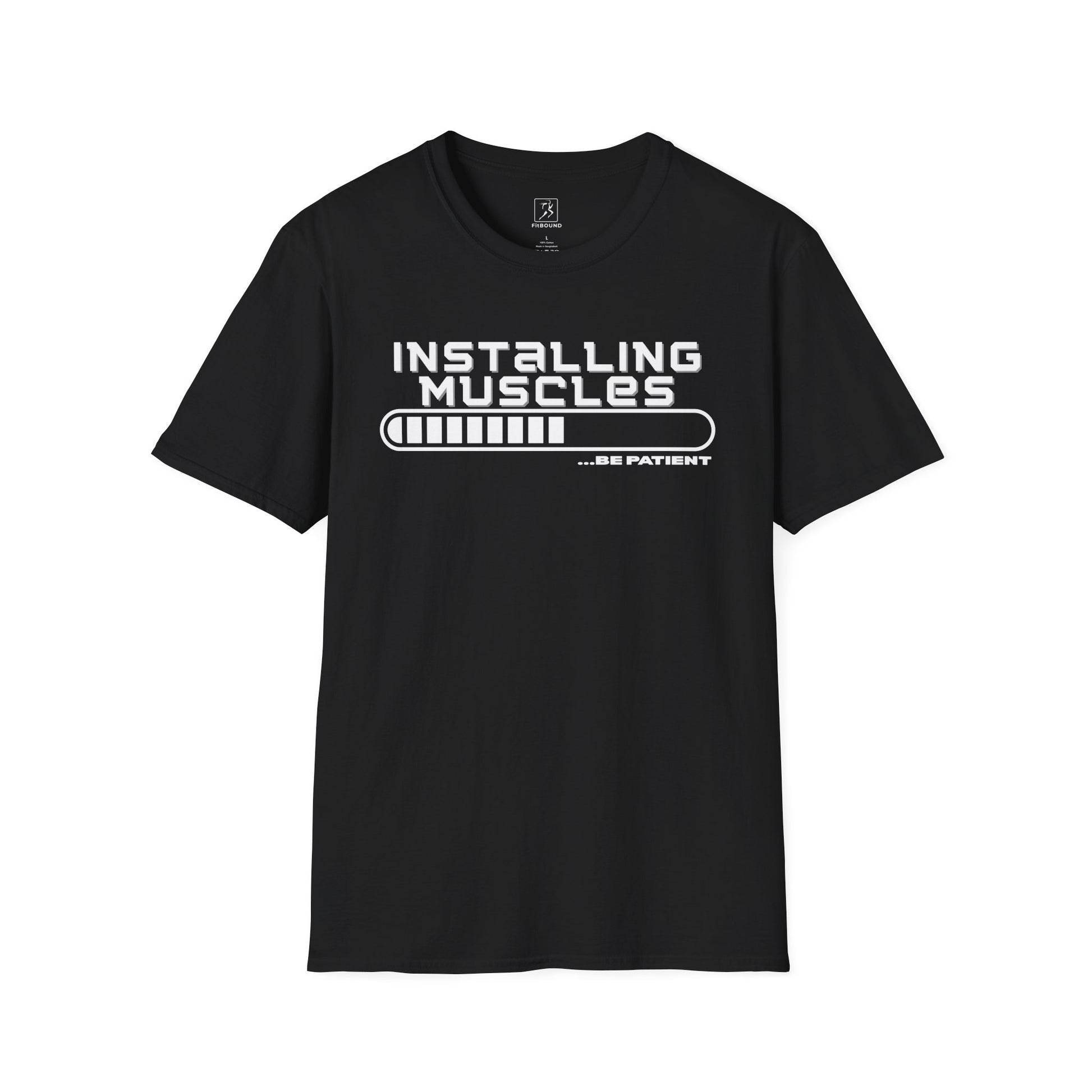 Black funny workout shirt with “Installing Muscles” print – great gift for fitness enthusiasts