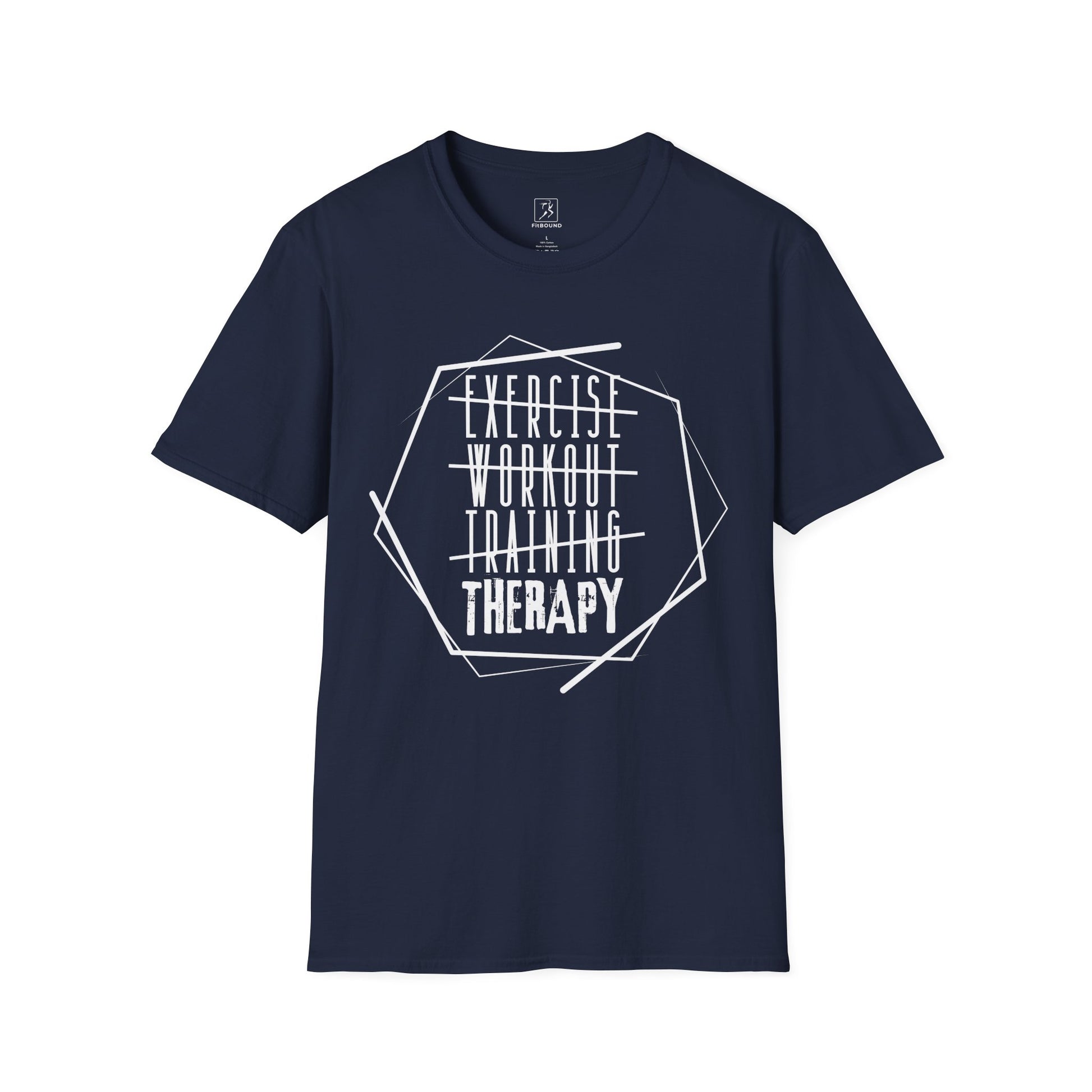 Navy blue “Exercise Therapy” t-shirt – unisex motivational apparel for body and mind