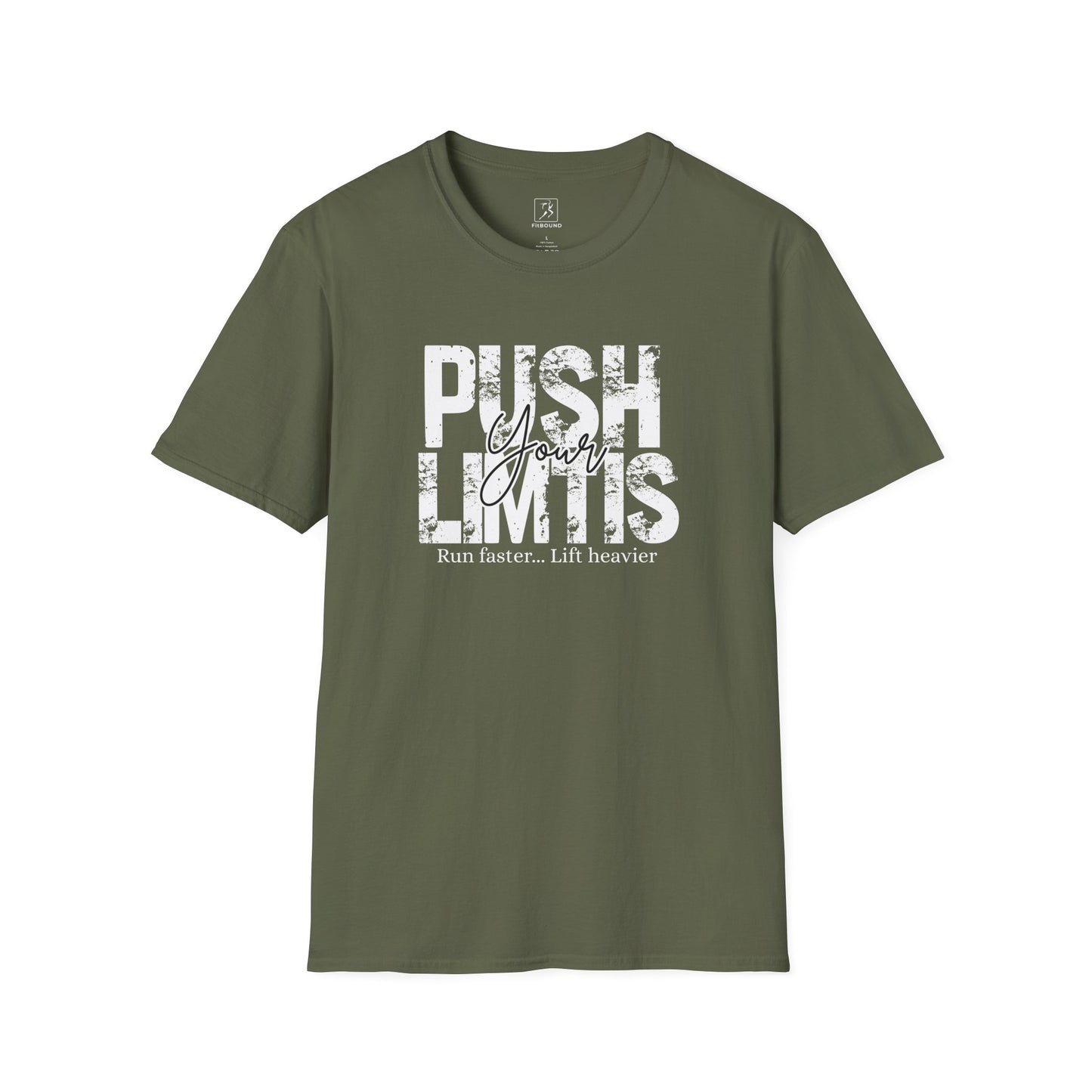 Military green T-shirt with “Push Your Limits” design – motivational activewear for runners and lifters