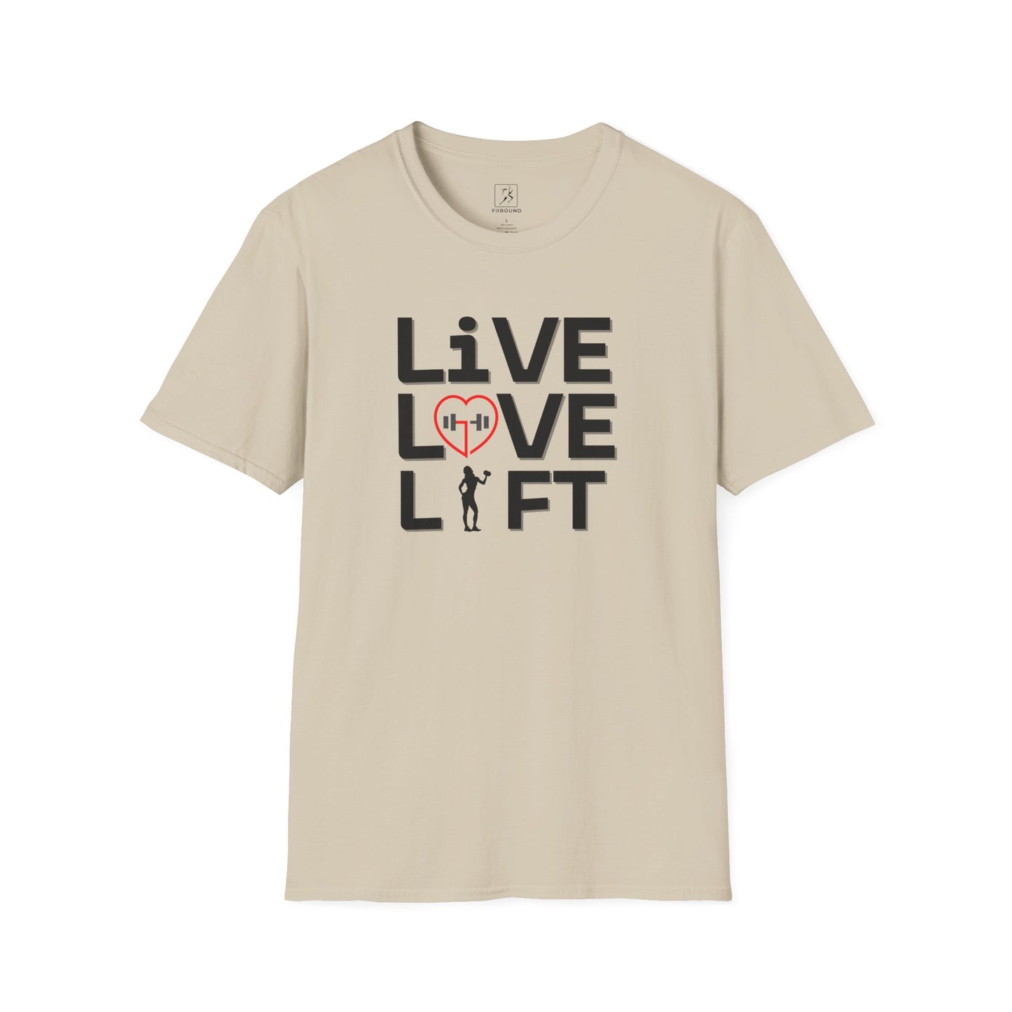 Cream-colored unisex fitness shirt with "Live Love Lift" text – lightweight and versatile