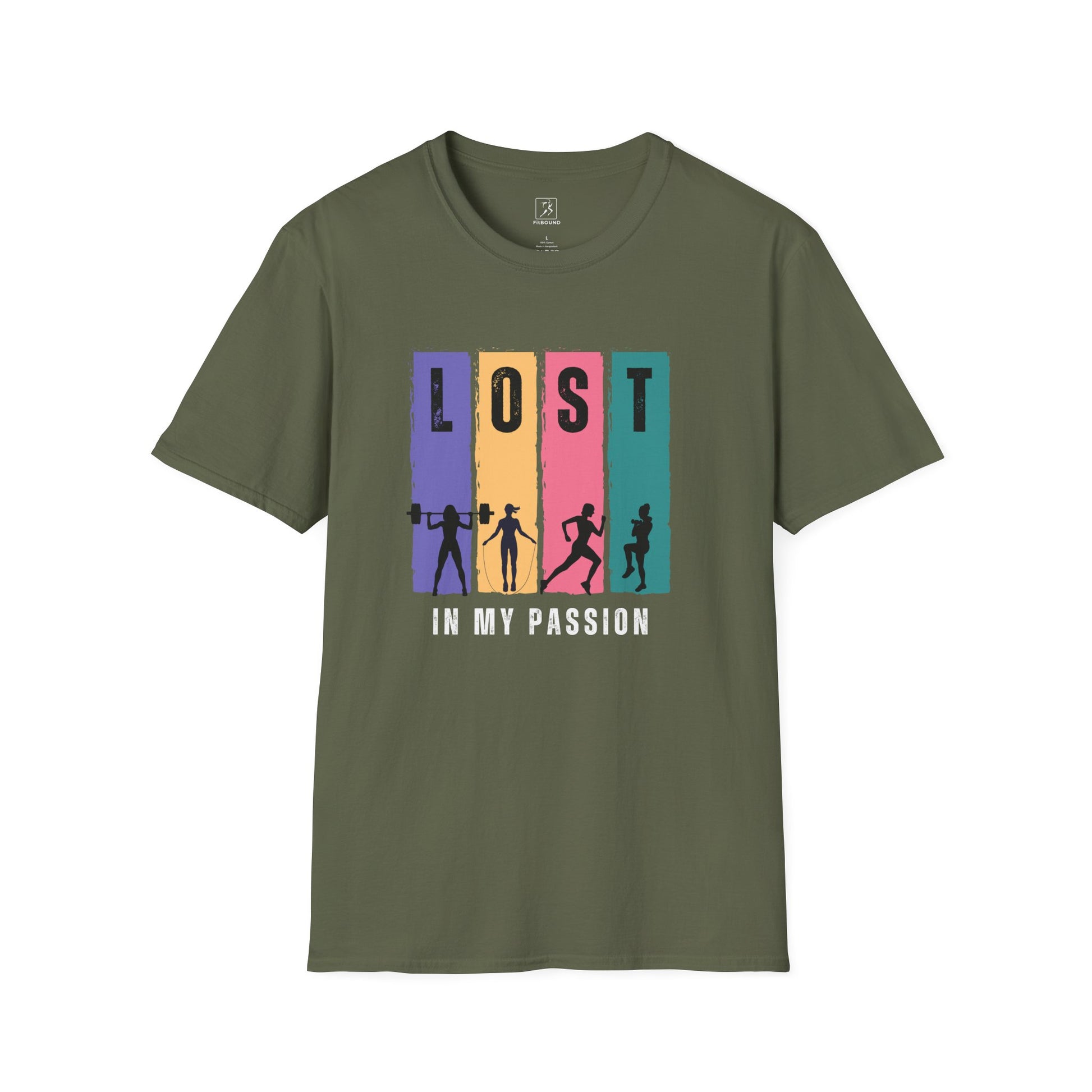 Military green Lost in My Passion t-shirt, colorful fitness and workout design for athletes