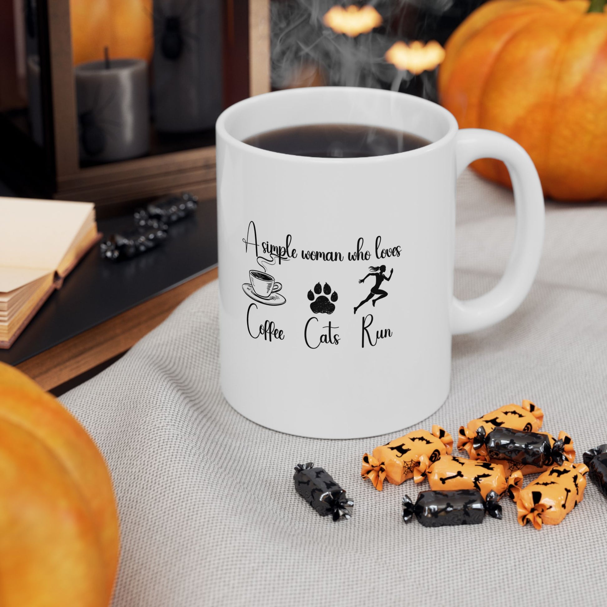 Funny cat lover and runner mug – Halloween styled setup with pumpkins