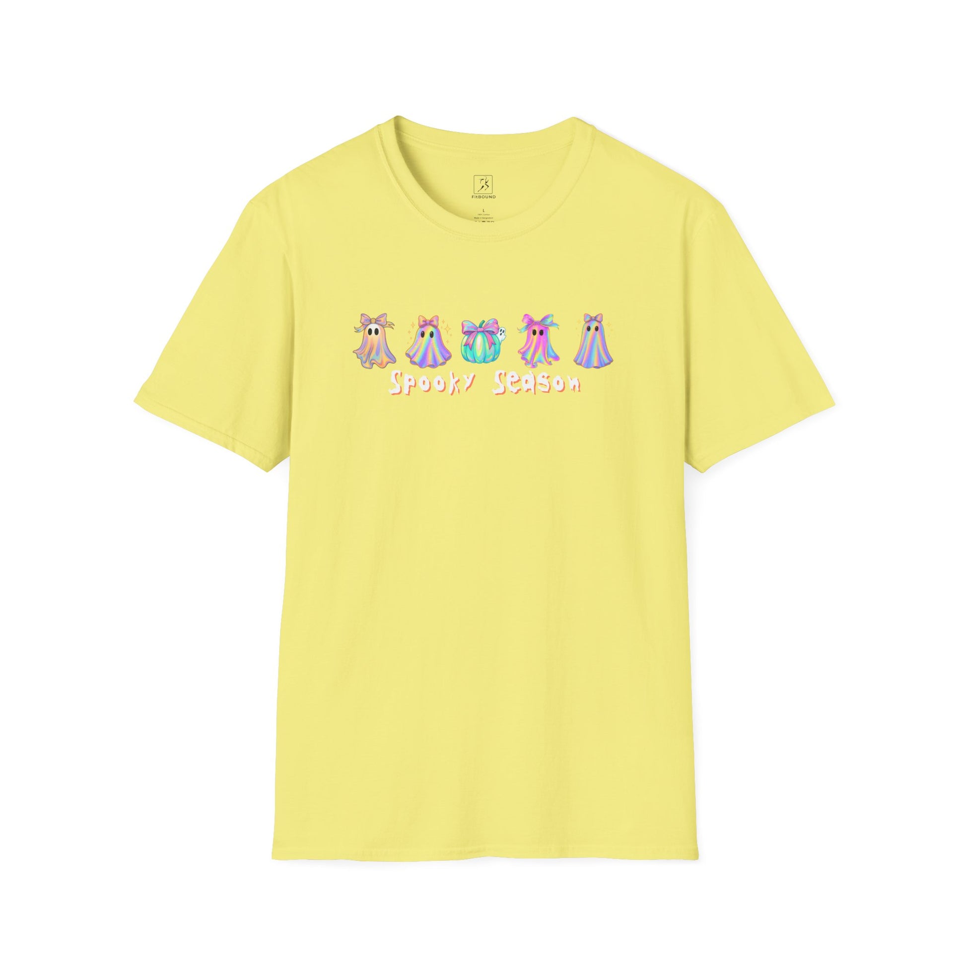 Spooky Season Halloween T-Shirt in yellow — colorful ghost design, unisex tee.