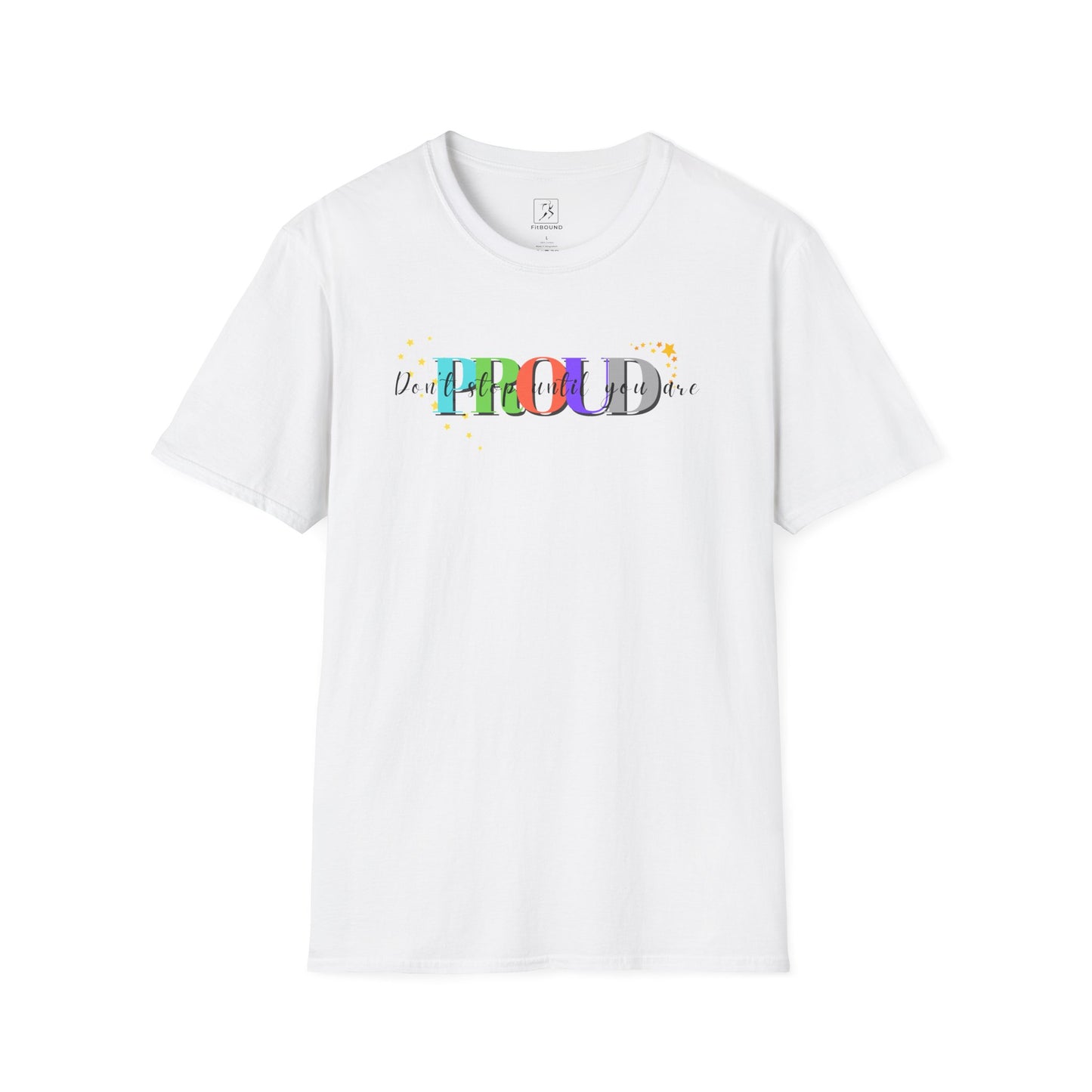 White unisex workout shirt with "Train Until You're Proud" quote – soft cotton gym tee