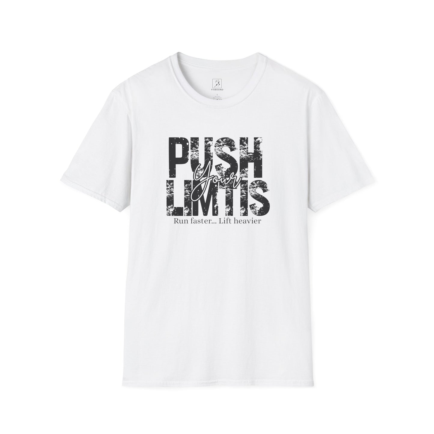 White gym T-shirt with distressed “Push Your Limits” text – unisex workout apparel by FitBOUND