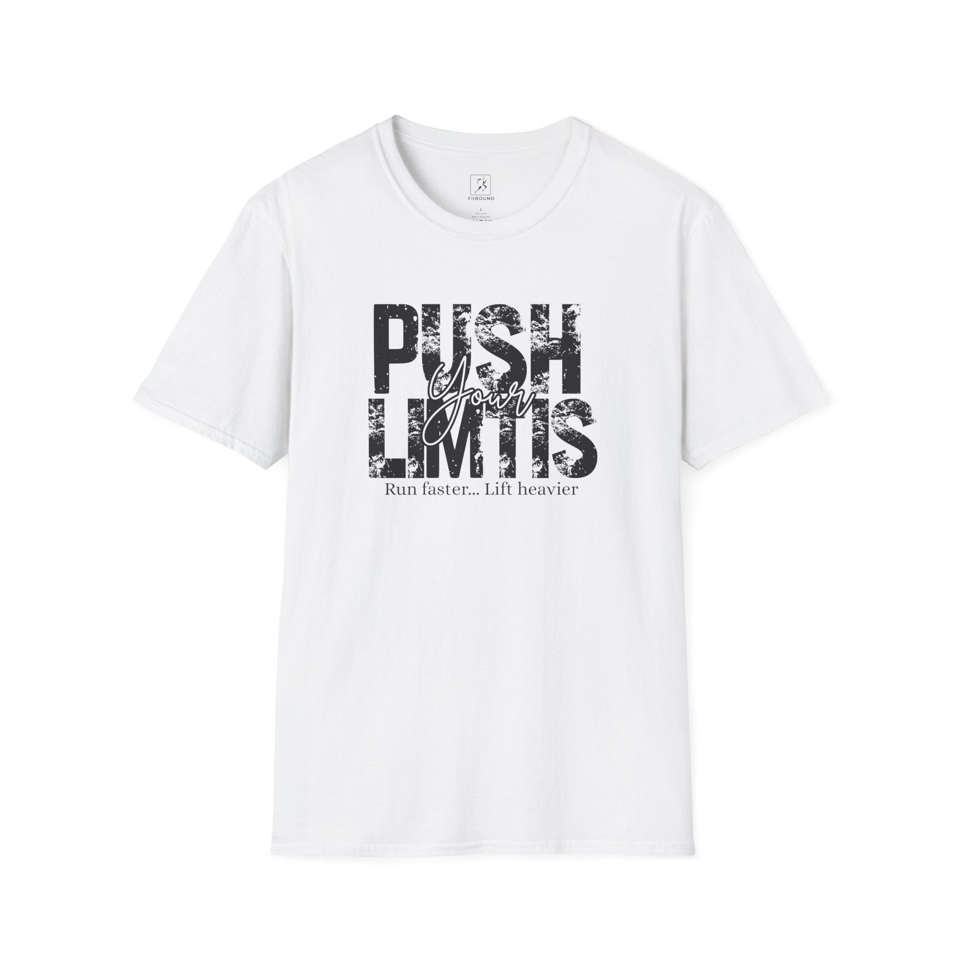 White gym T-shirt with distressed “Push Your Limits” text – unisex workout apparel by FitBOUND