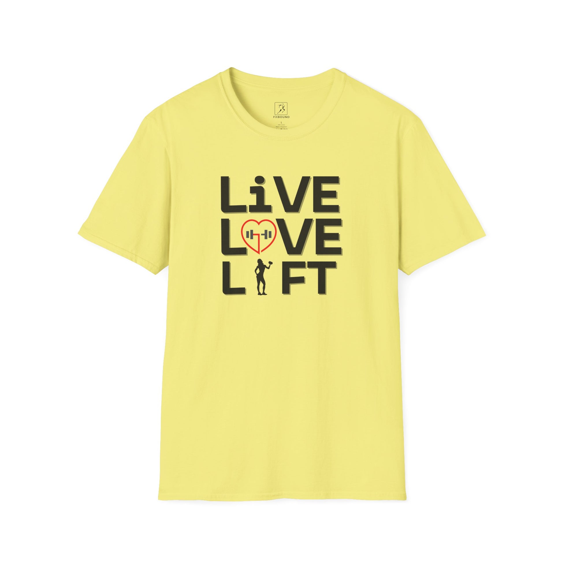 Yellow motivational workout shirt with "Live Love Lift" quote – bold color for gym and casual wear