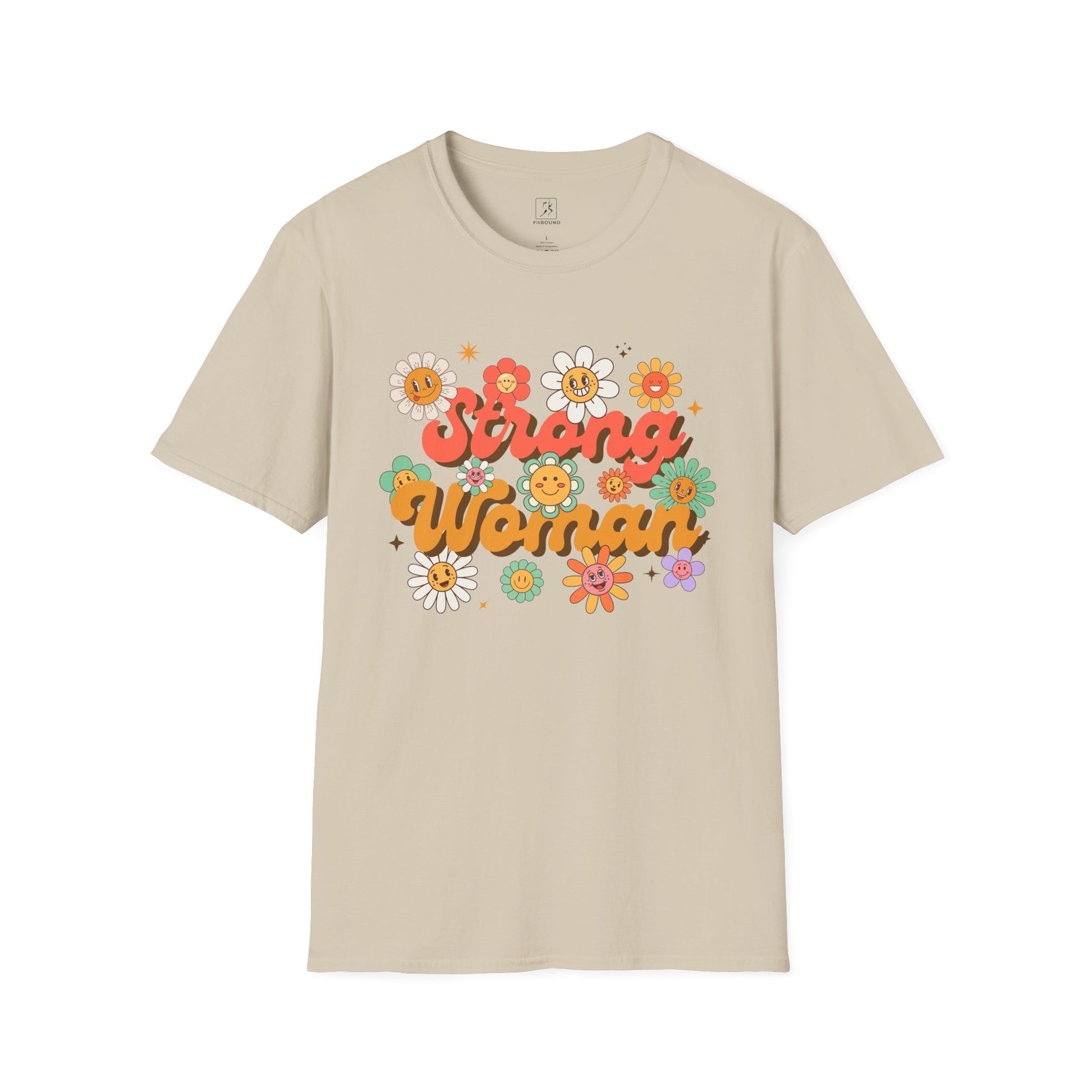 Beige Strong Woman T-shirt – retro floral women’s empowerment shirt