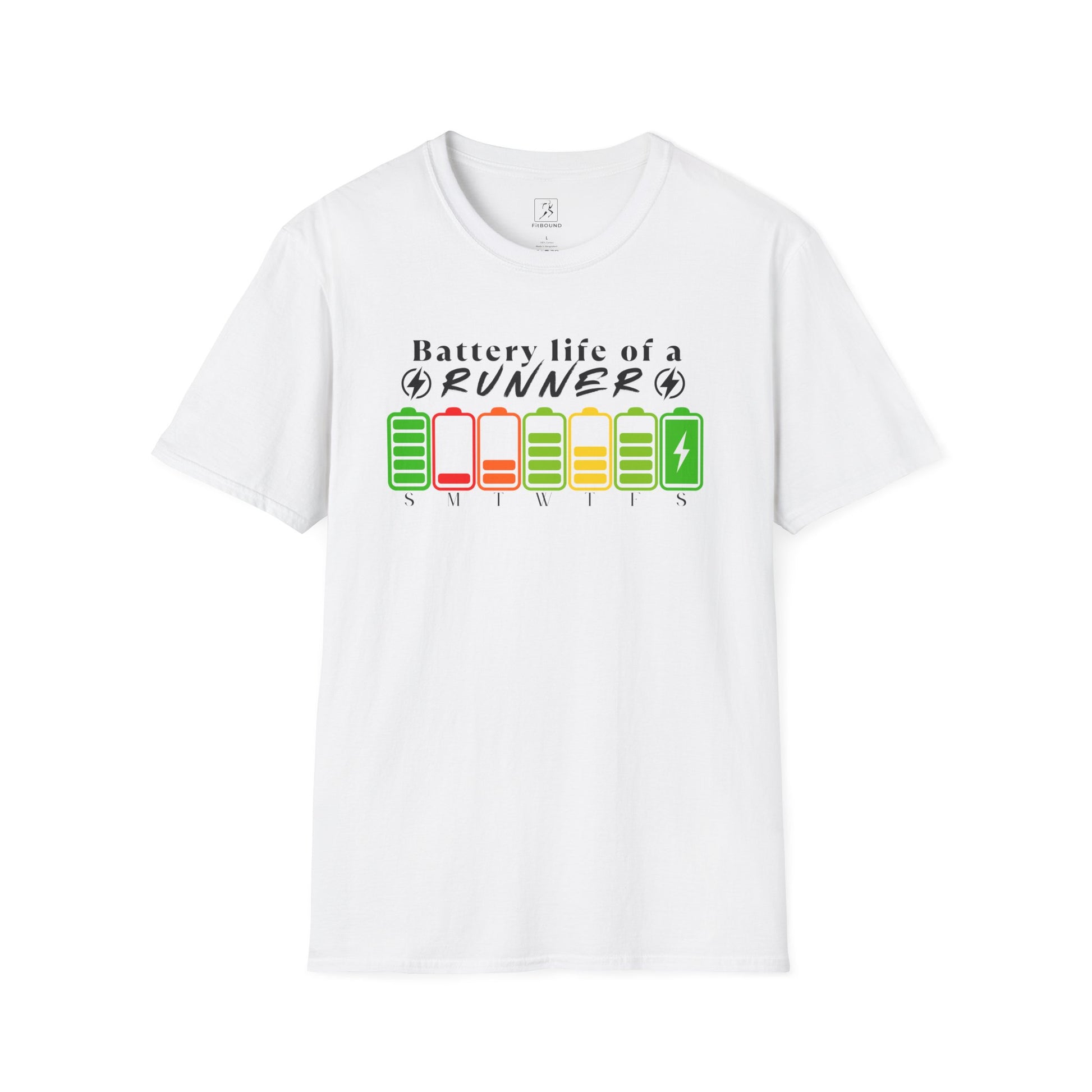 Unisex white t-shirt with runner battery life design – perfect gift for fitness lovers