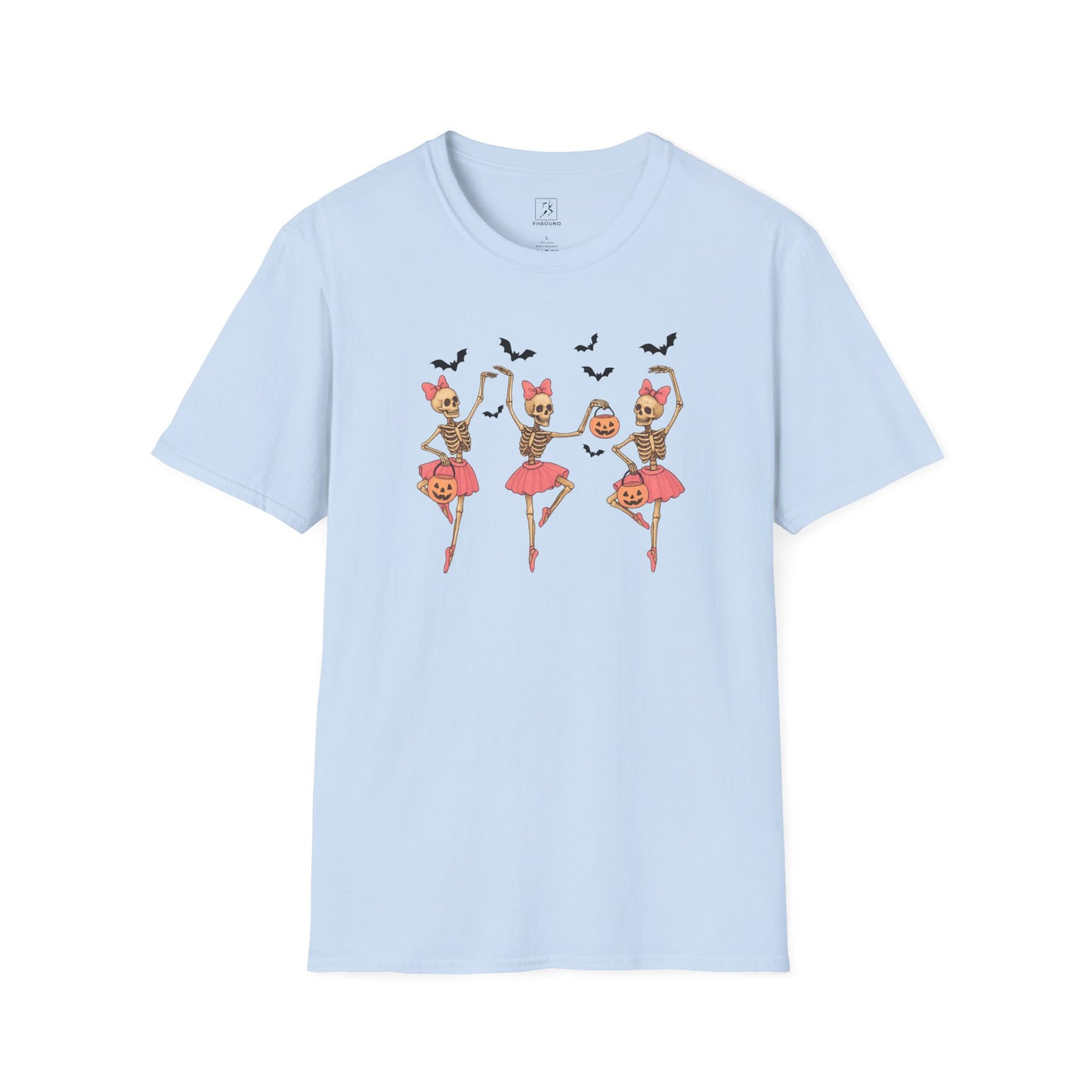 Light blue Skeleton Ballerina Halloween Graphic Tee with spooky ballerina print