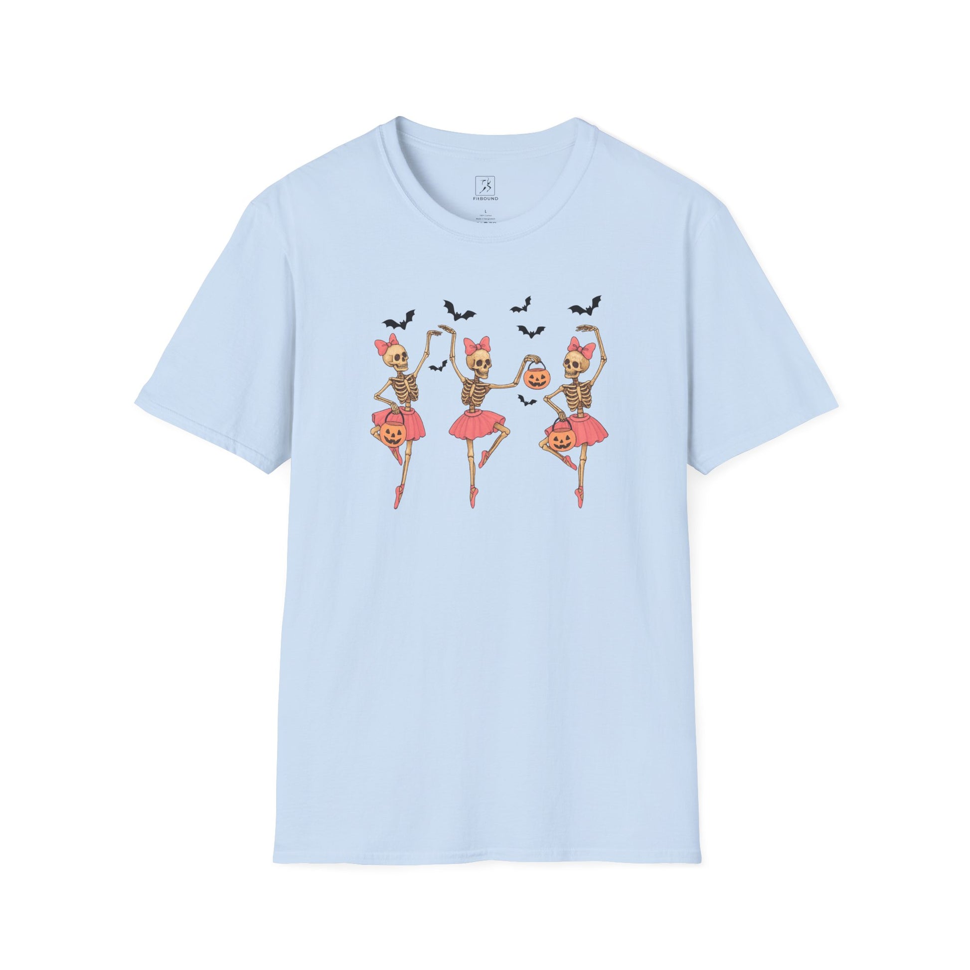Light blue Skeleton Ballerina Halloween Graphic Tee with spooky ballerina print