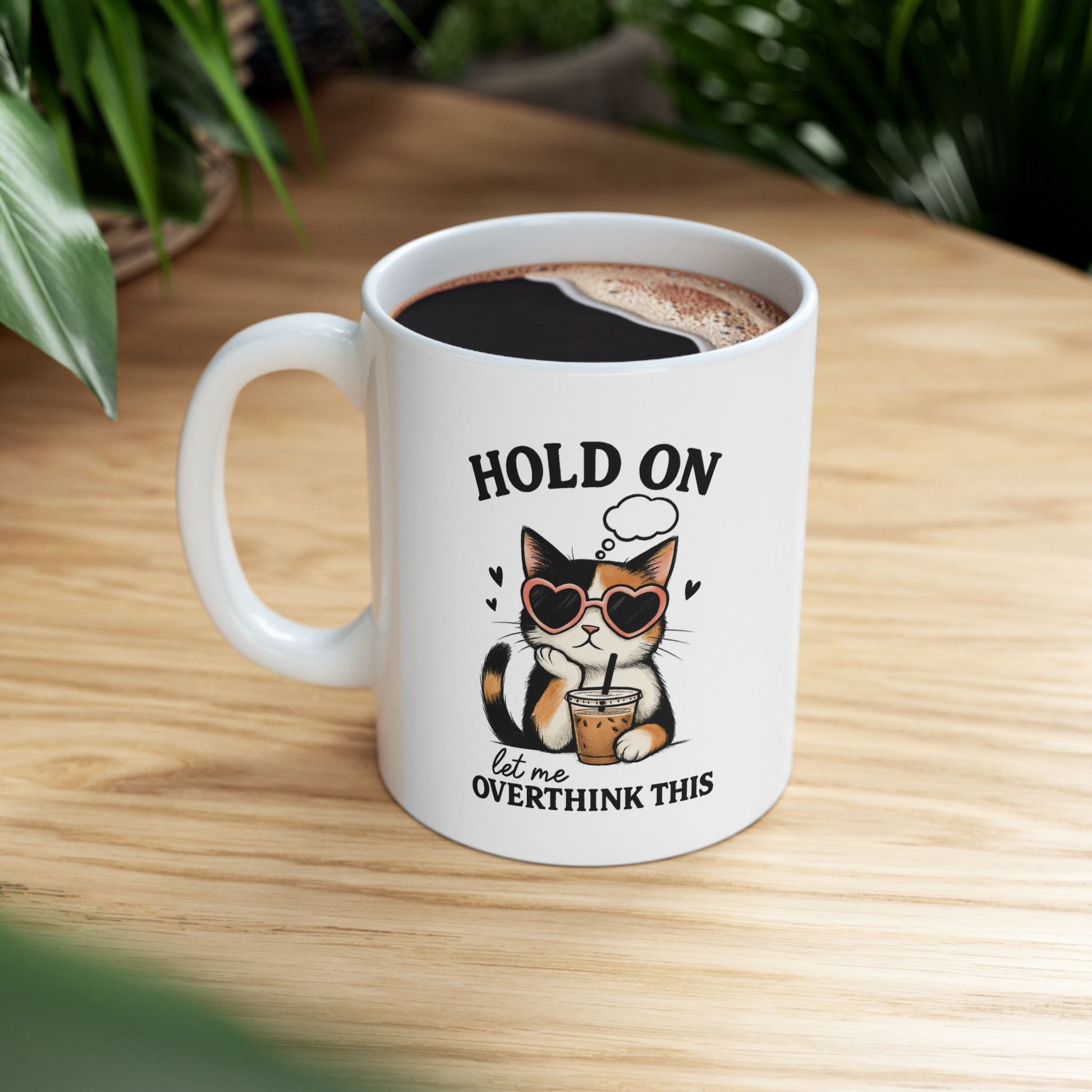 Funny cat coffee mug with sunglasses illustration – overthinking design