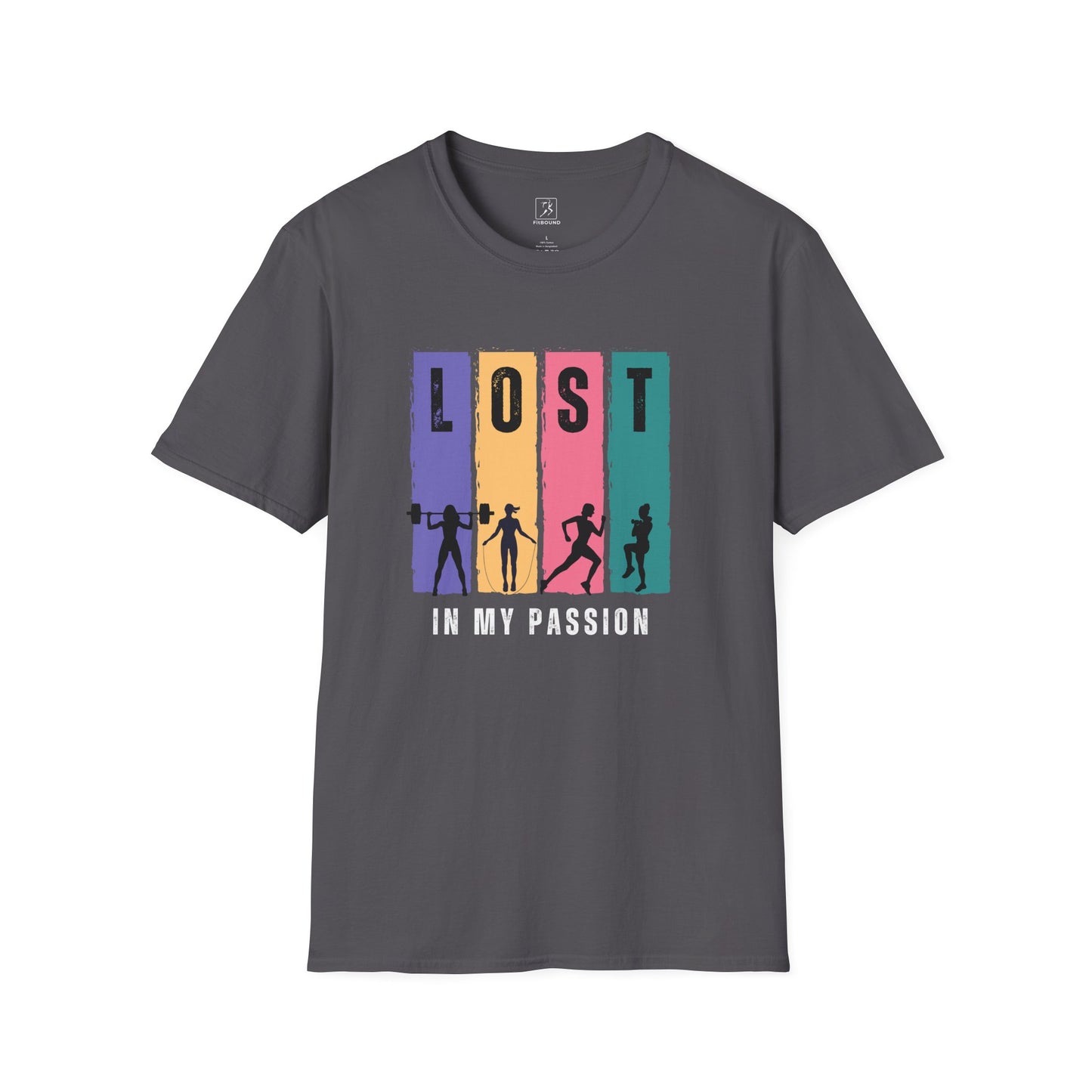 Dark grey Lost in My Passion t-shirt with motivational athletic silhouettes, unisex fitness top