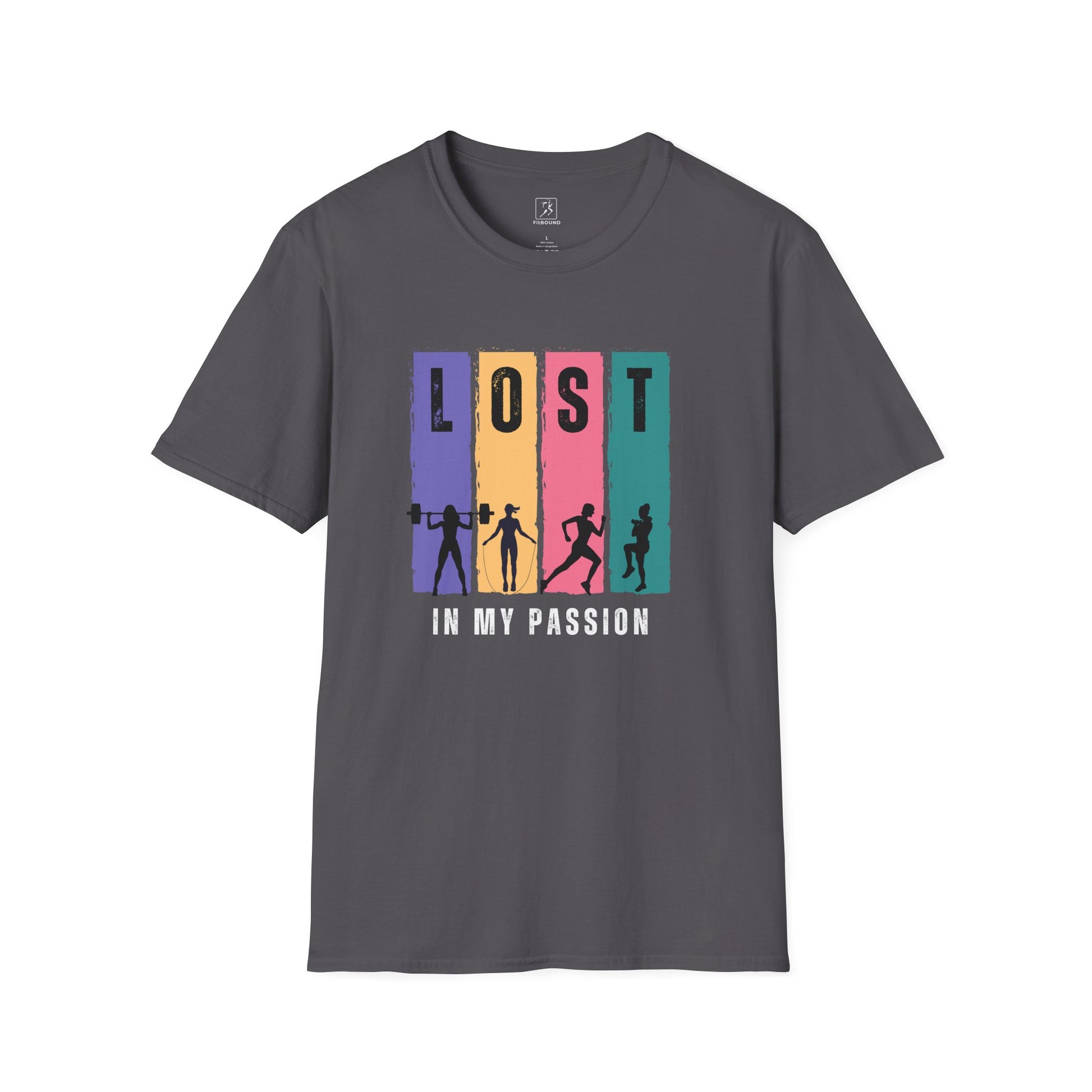 Dark grey Lost in My Passion t-shirt with motivational athletic silhouettes, unisex fitness top