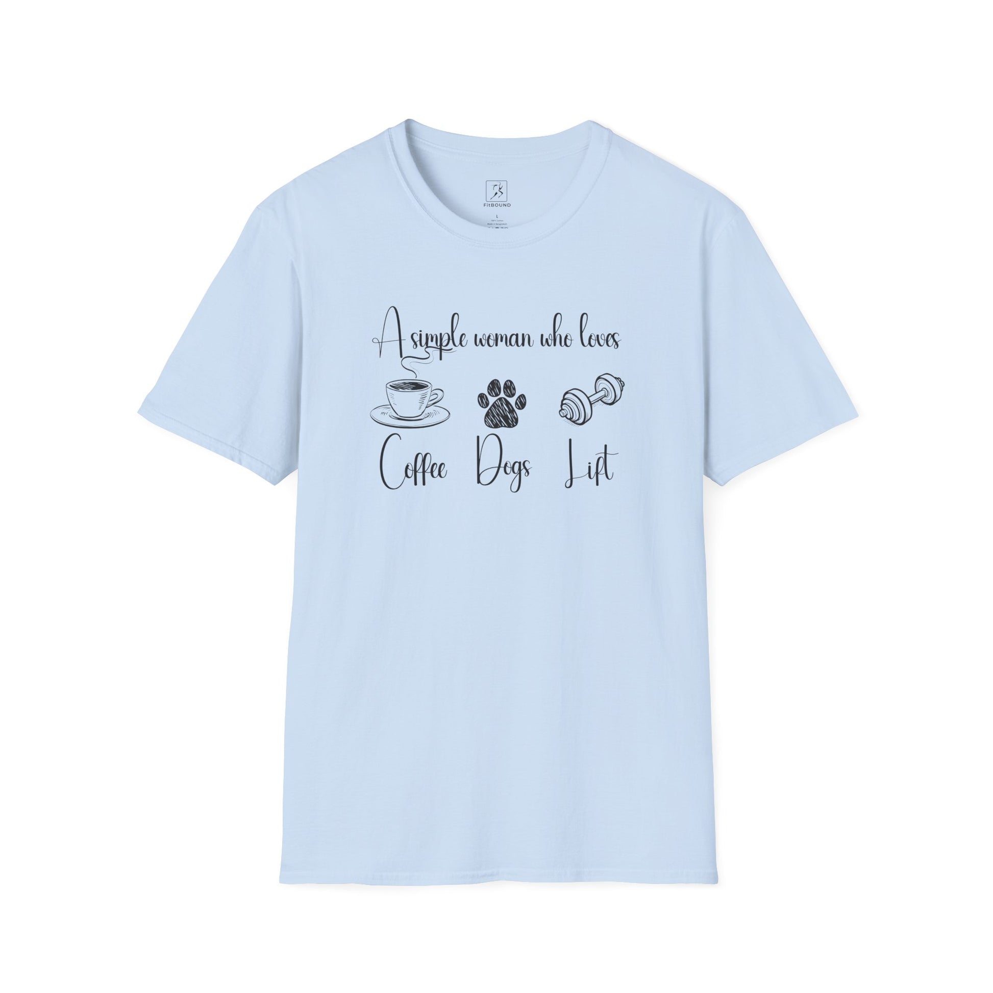 Light blue fitness t-shirt for women – printed with “A simple woman who loves coffee, dogs, lift”