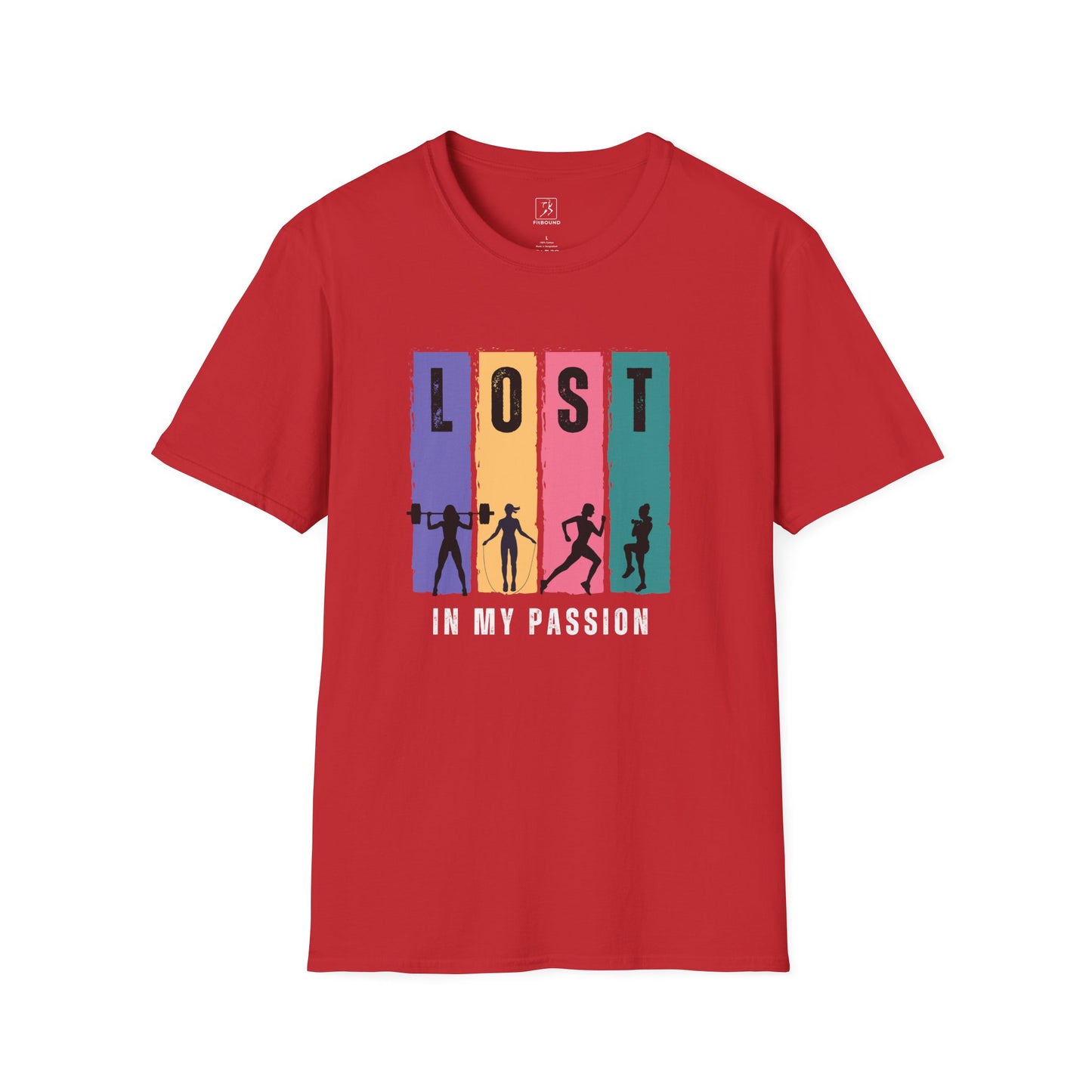 Red Lost in My Passion t-shirt with colorful workout silhouettes, unisex activewear