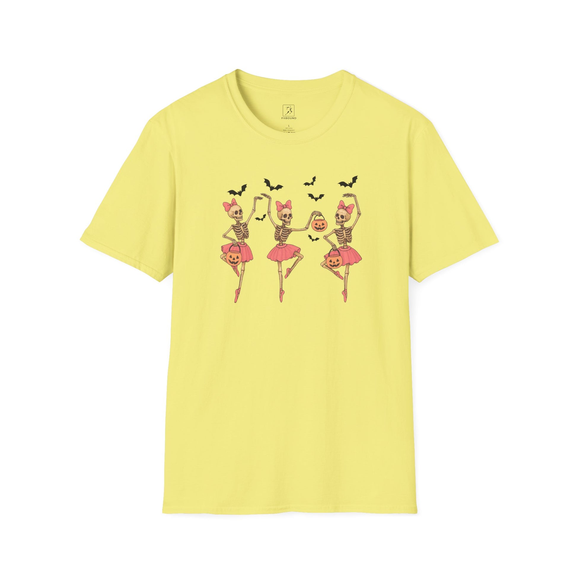Yellow Skeleton Ballerina Halloween T Shirt with pumpkins and bats