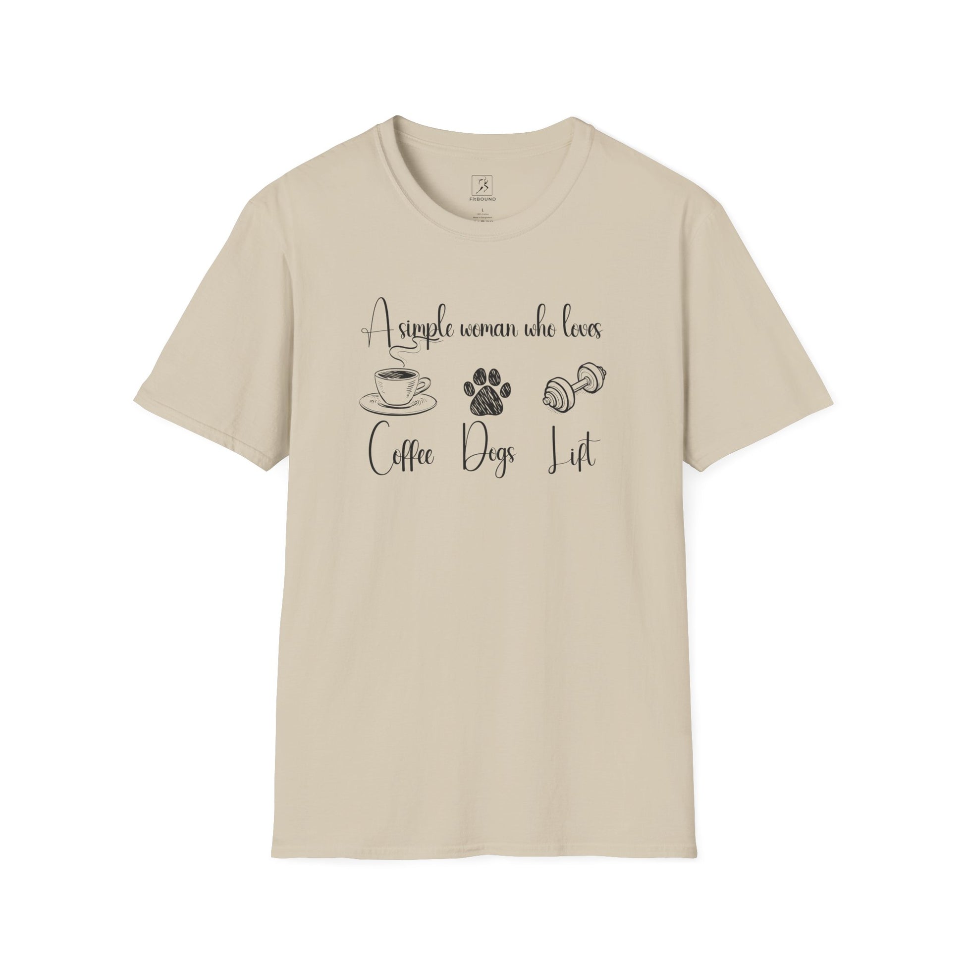 Beige “A simple woman who loves coffee, dogs, lift” t-shirt – fitness shirt for pet owners and gym girls