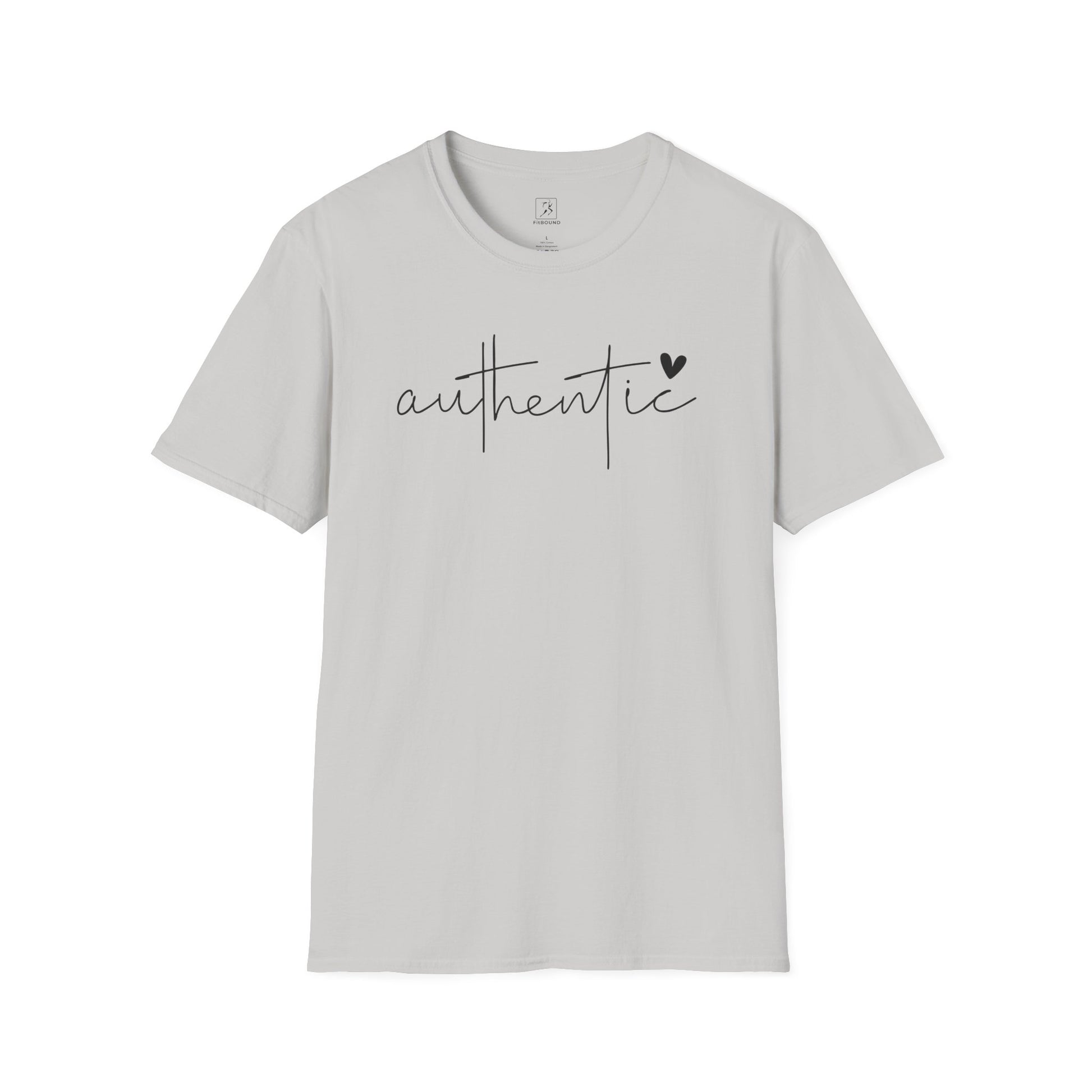 Gray Authentic T-Shirt flat lay – minimalist motivational shirt with heart detail