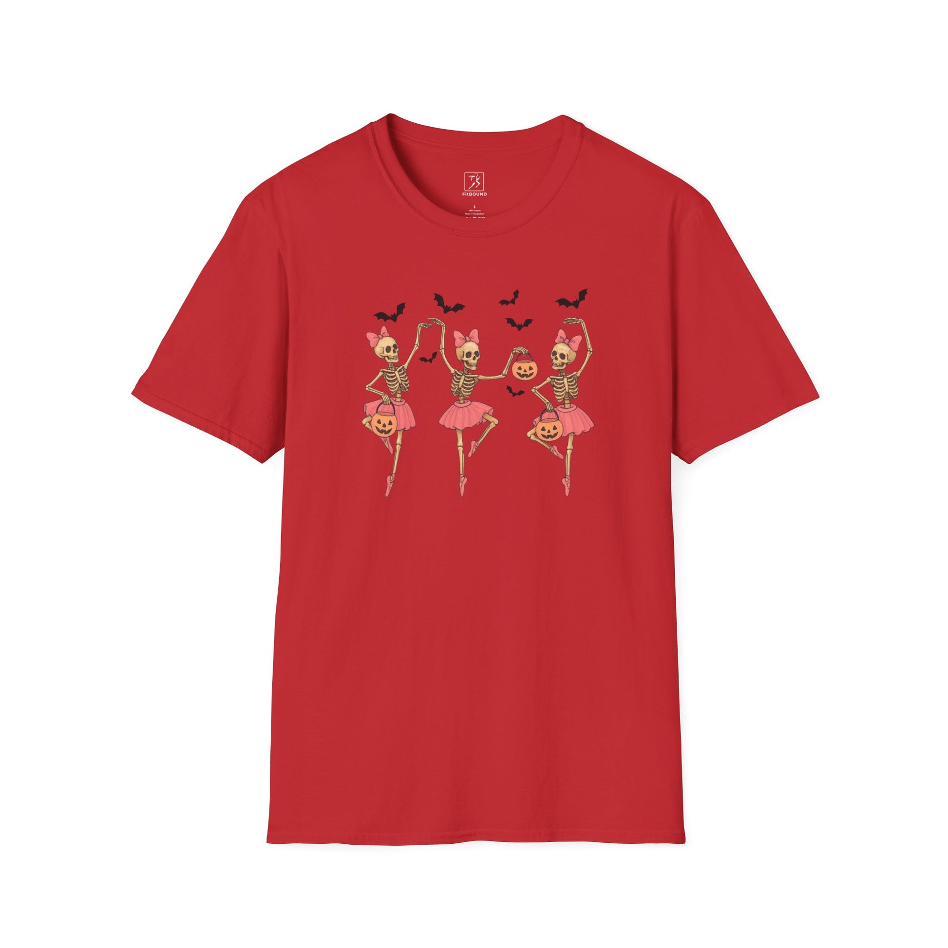 Red Halloween Skeleton Ballerina T Shirt with spooky ballerina skeletons