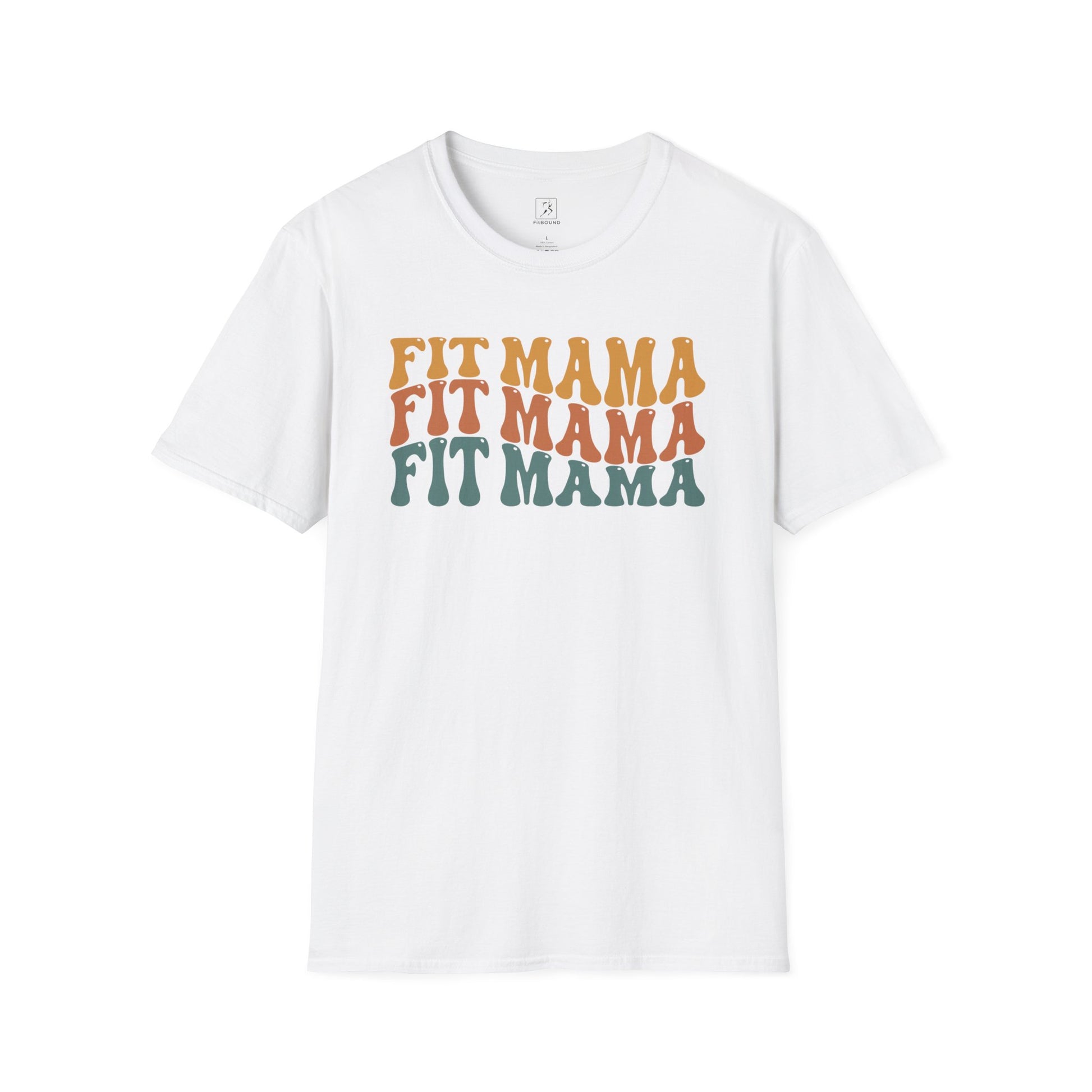 Flat lay of white Fit Mama t-shirt with retro text – workout and lifestyle wear.