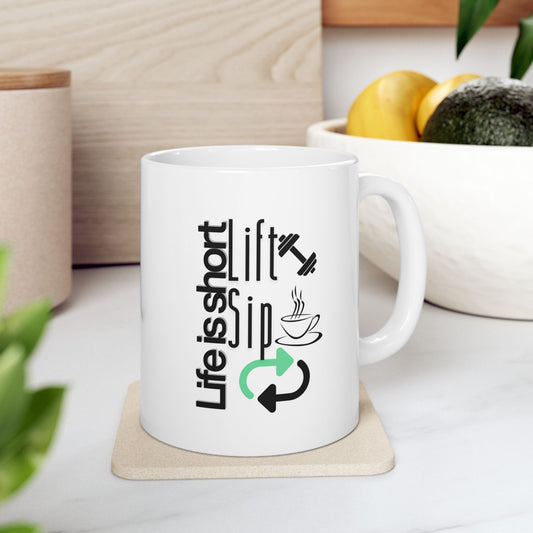 Funny fitness mug with dumbbell and coffee cup design – 11oz ceramic gift for gym and caffeine lovers