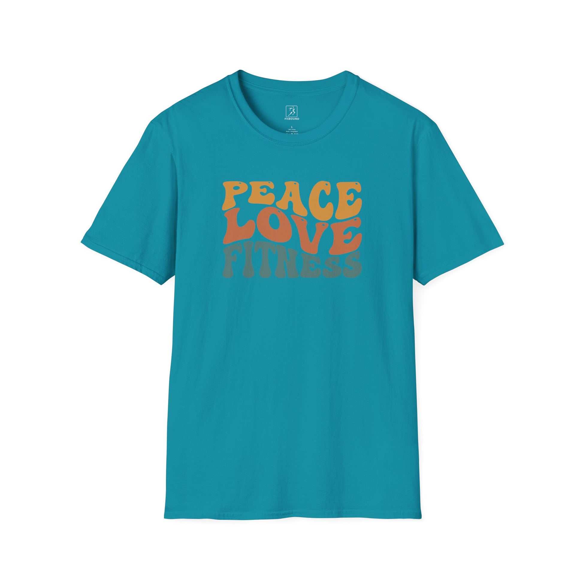 Tropical blue Peace Love Fitness T-Shirt – unisex fitness graphic tee.