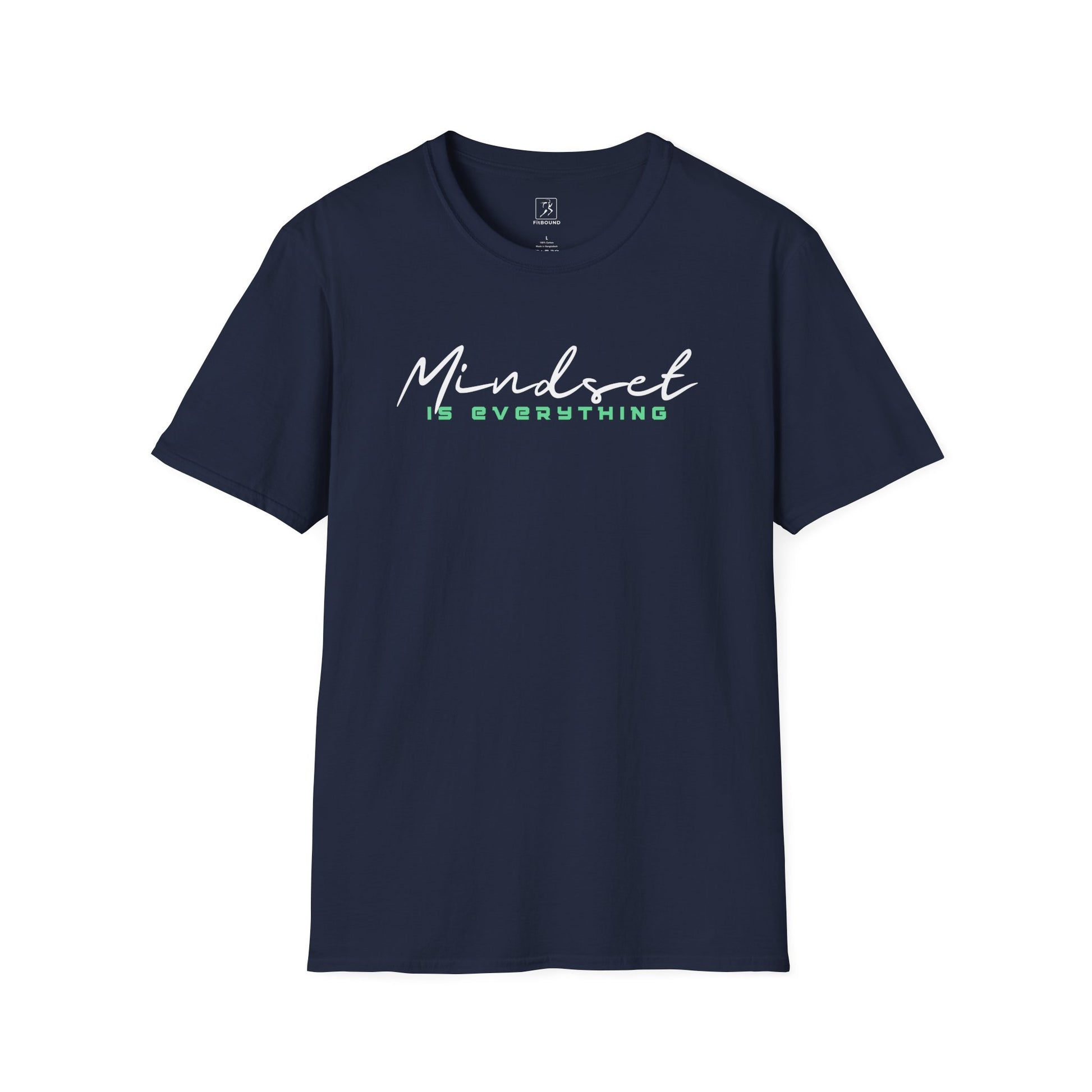 Flat lay navy Mindset Is Everything T-Shirt – unisex fitness top.