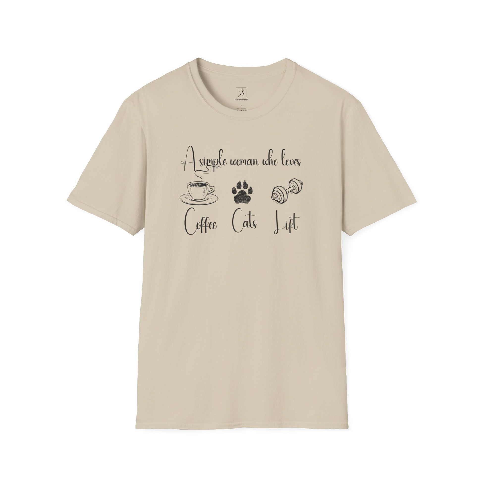 Beige T-shirt featuring the phrase “A simple woman who loves coffee, cats, lift” – FitBOUND fitness apparel for pet moms