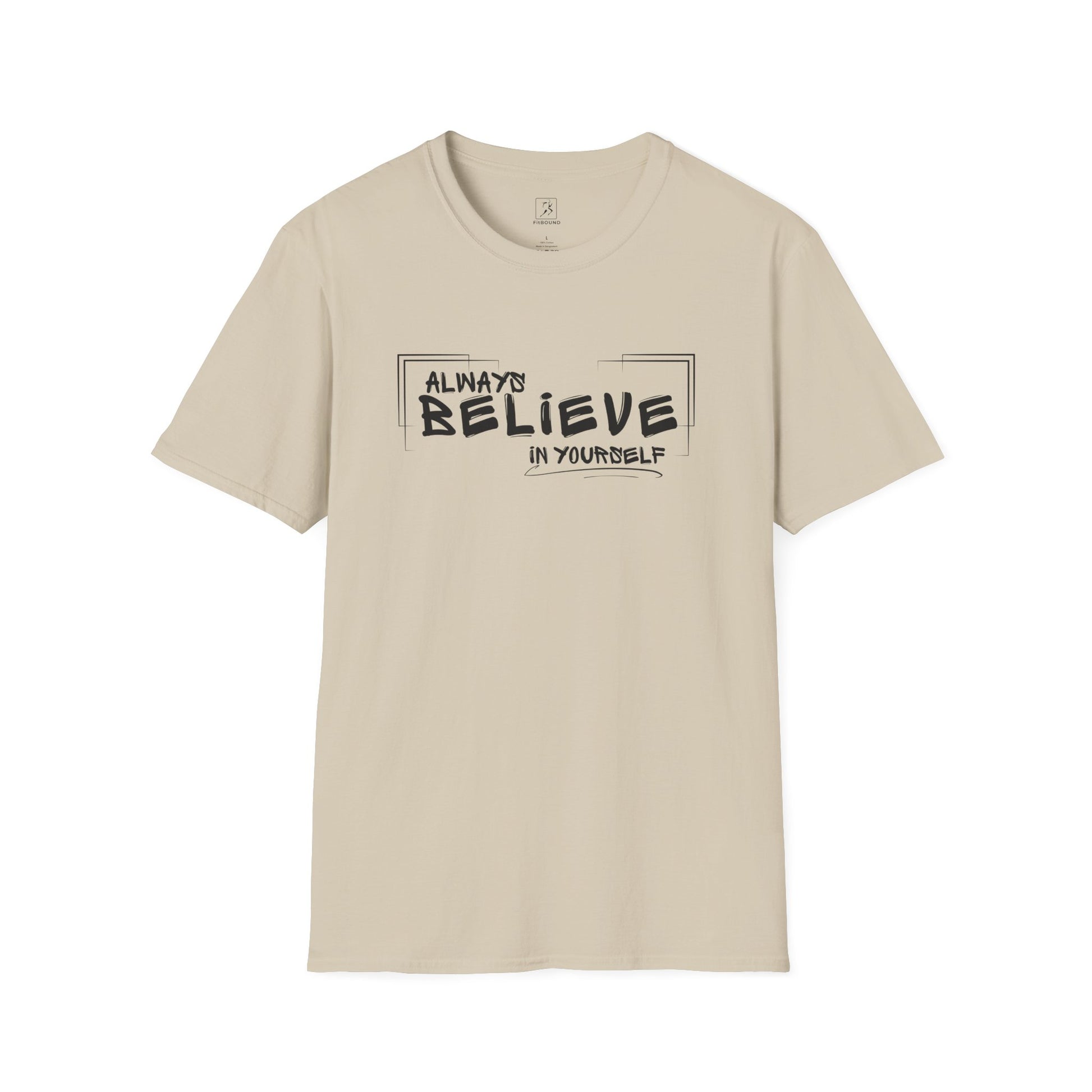 Beige “Always Believe In Yourself” T-shirt – flat lay, front view