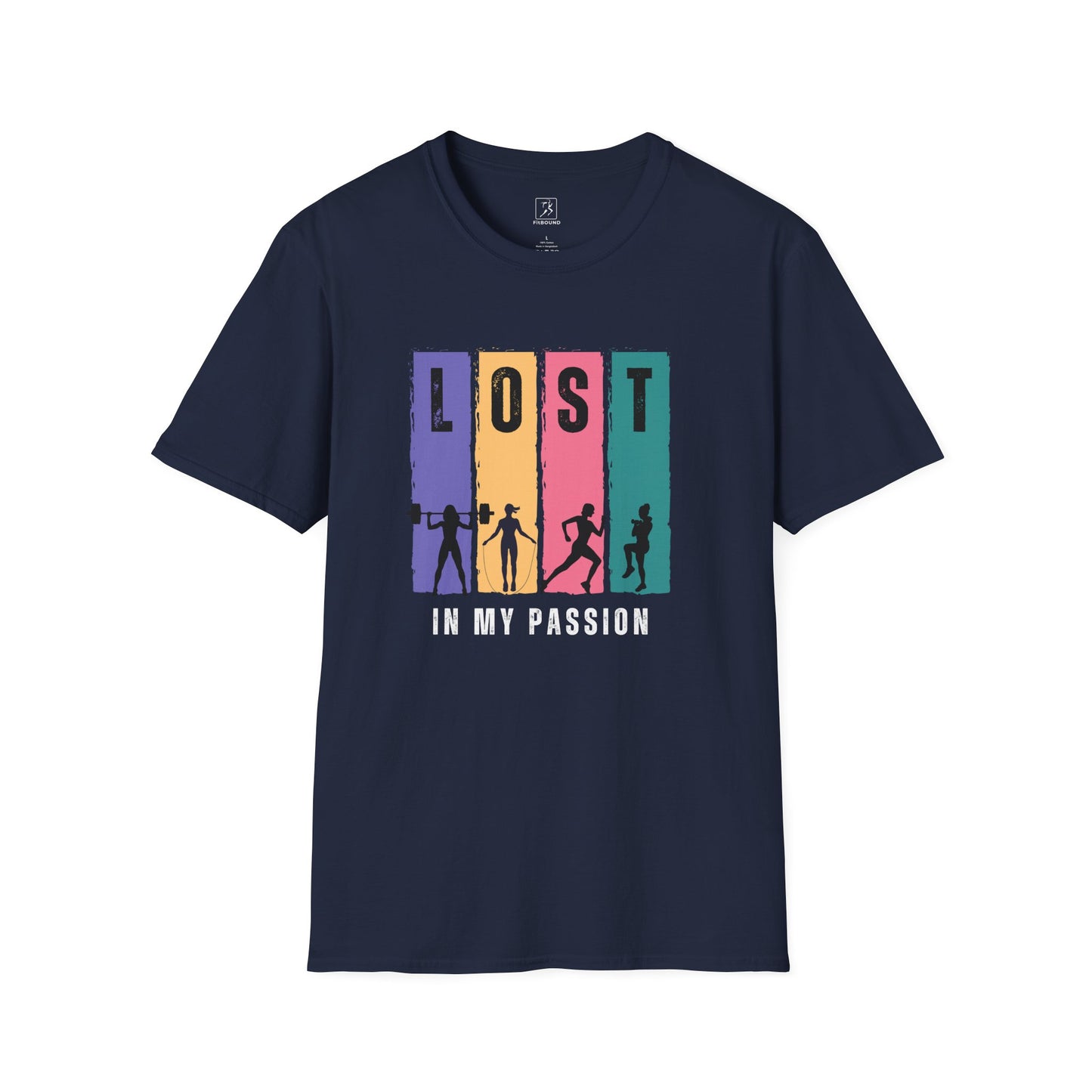 Navy blue Lost in My Passion t-shirt, athletic design for gym and everyday wear