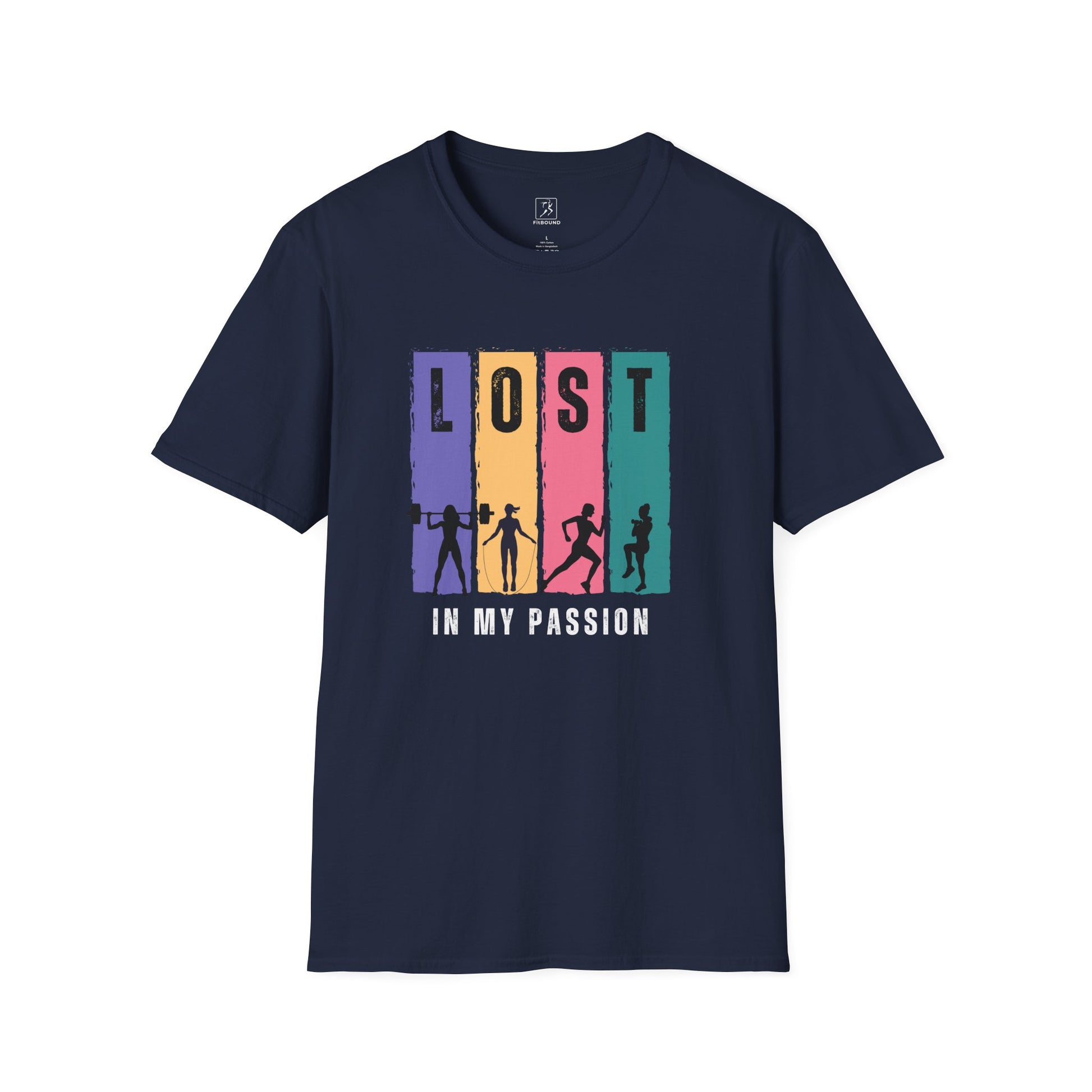 Navy blue Lost in My Passion t-shirt, athletic design for gym and everyday wear