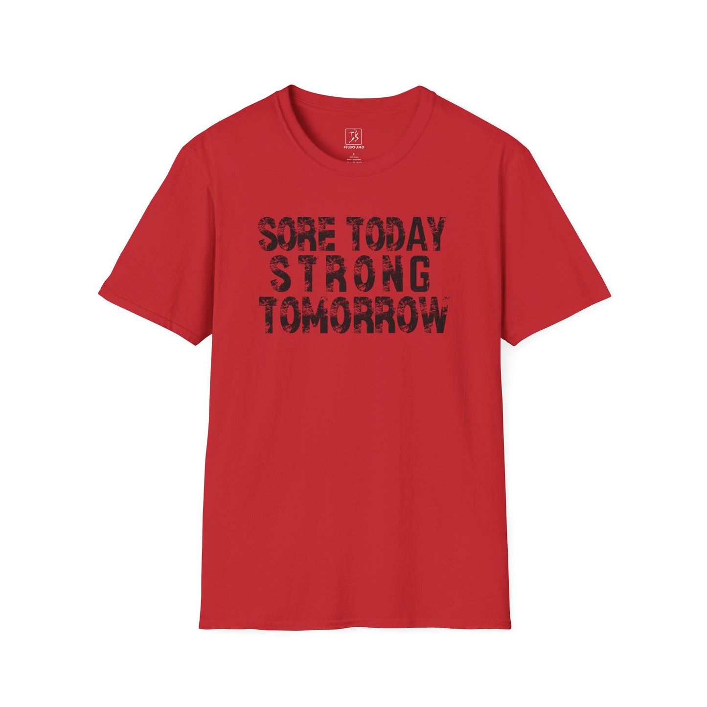 Red workout t-shirt with bold white motivational quote – Sore Today Strong Tomorrow design