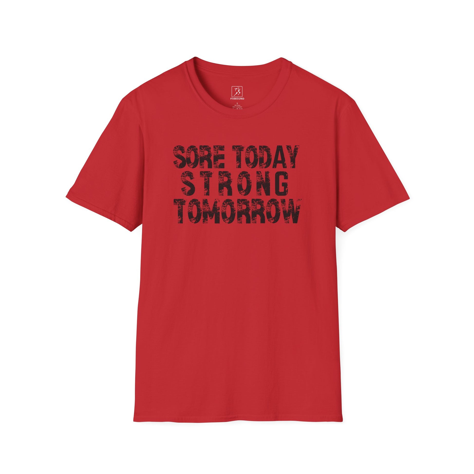 Red workout t-shirt with bold white motivational quote – Sore Today Strong Tomorrow design