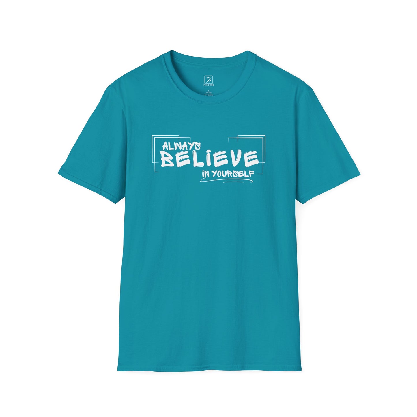 Teal “Always Believe In Yourself” T-shirt – flat lay, front view