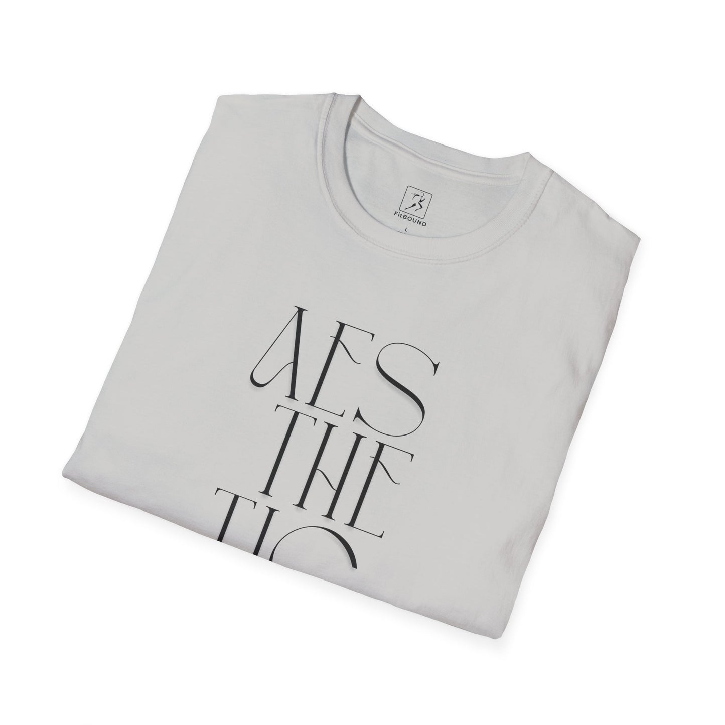 Folded light gray workout shirt with thin "Just Move" text – minimalist design for unisex fitness wear