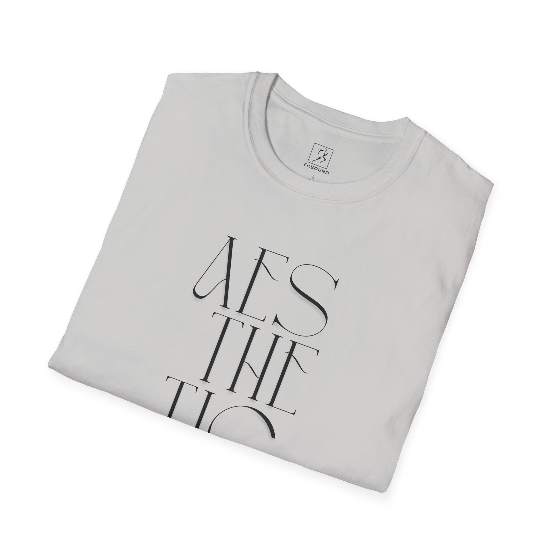 Folded light gray workout shirt with thin "Just Move" text – minimalist design for unisex fitness wear