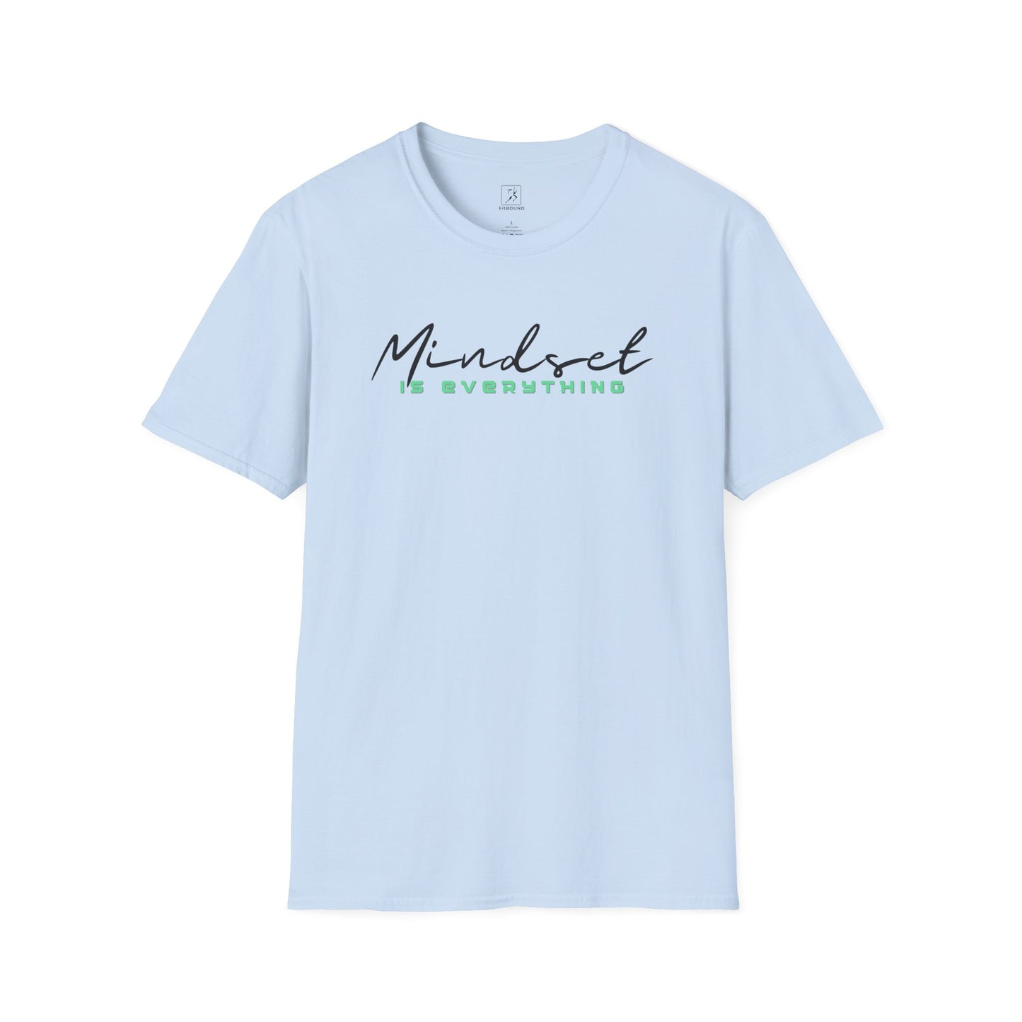 Flat lay light blue Mindset Is Everything T-Shirt – inspirational gym shirt.