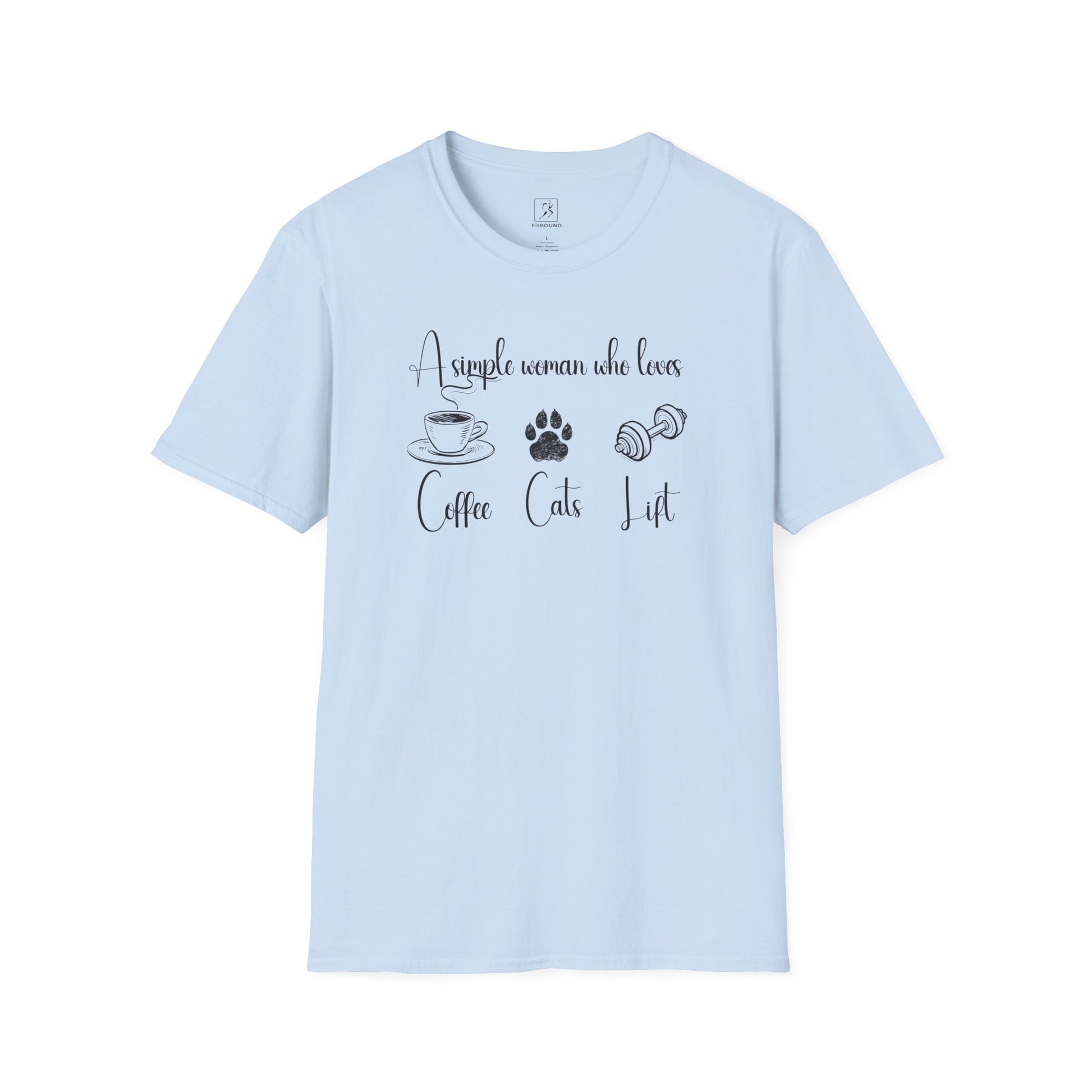 Light blue gym T-shirt with playful design for women who love cats, lifting, and coffee – FitBOUND apparel