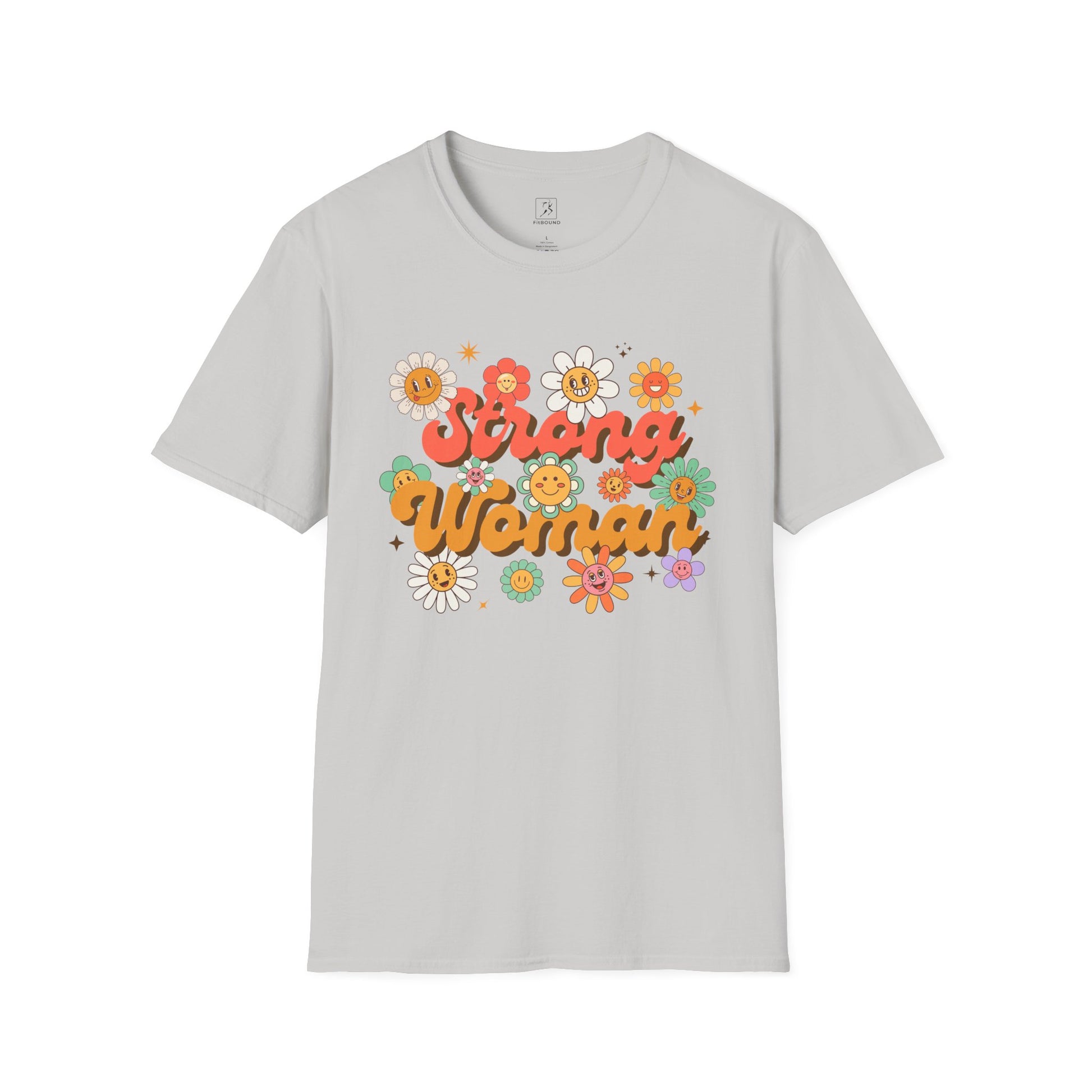 Gray Strong Woman T-shirt – retro floral empowerment shirt for women