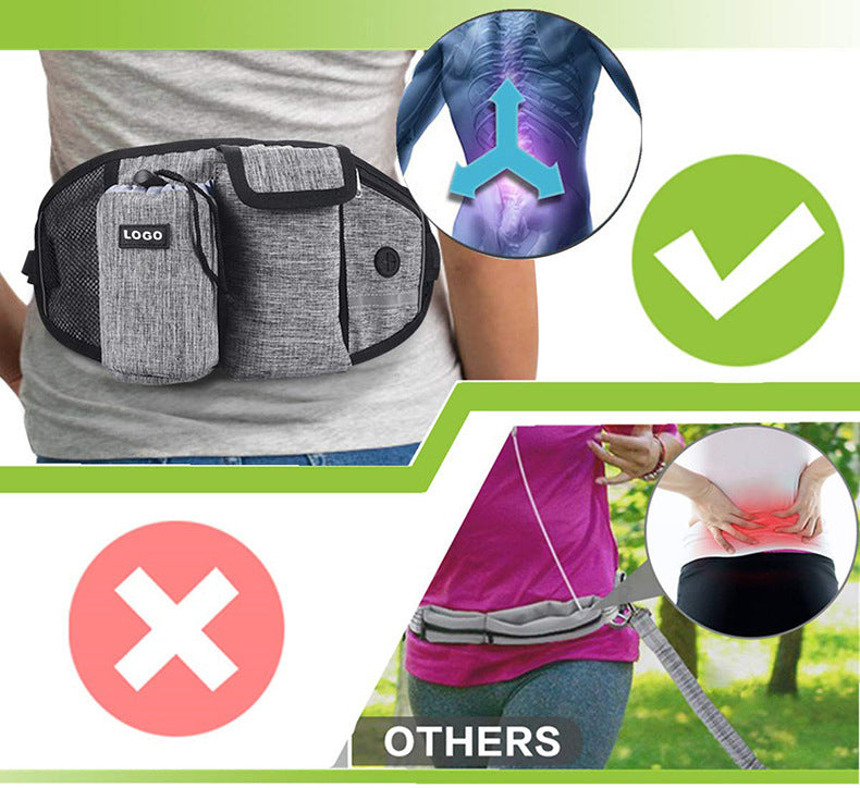 Diagram of hands-free dog leash with labeled features – bungee leash, water bottle holder, snack pouch