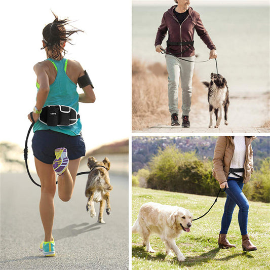Woman running with dog using hands-free waist leash – perfect for jogging and active pet walking