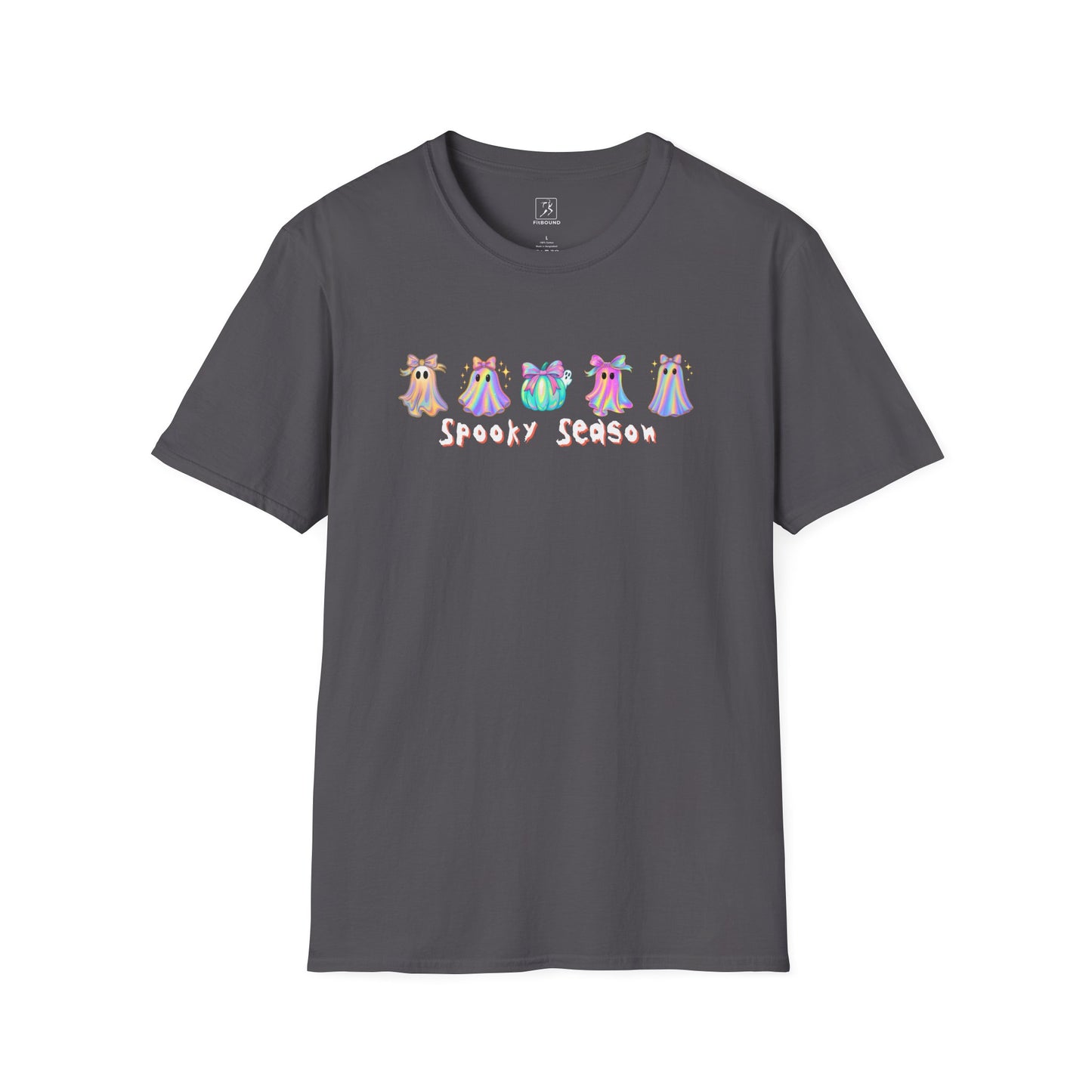 Spooky Season Halloween T-Shirt in charcoal — ghost design, unisex tee.