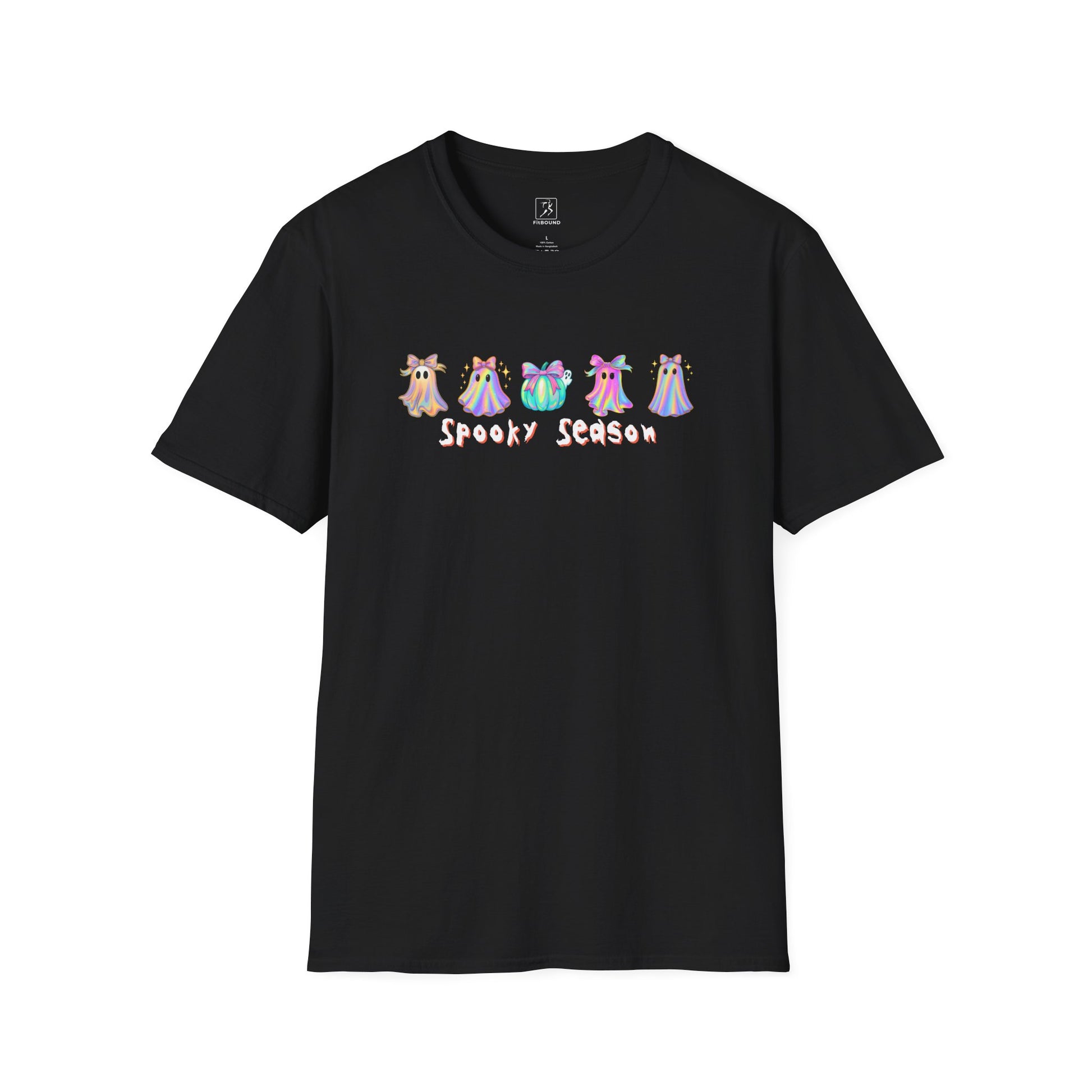 Spooky Season Halloween T-Shirt in black — ghost graphic, unisex tee front view.